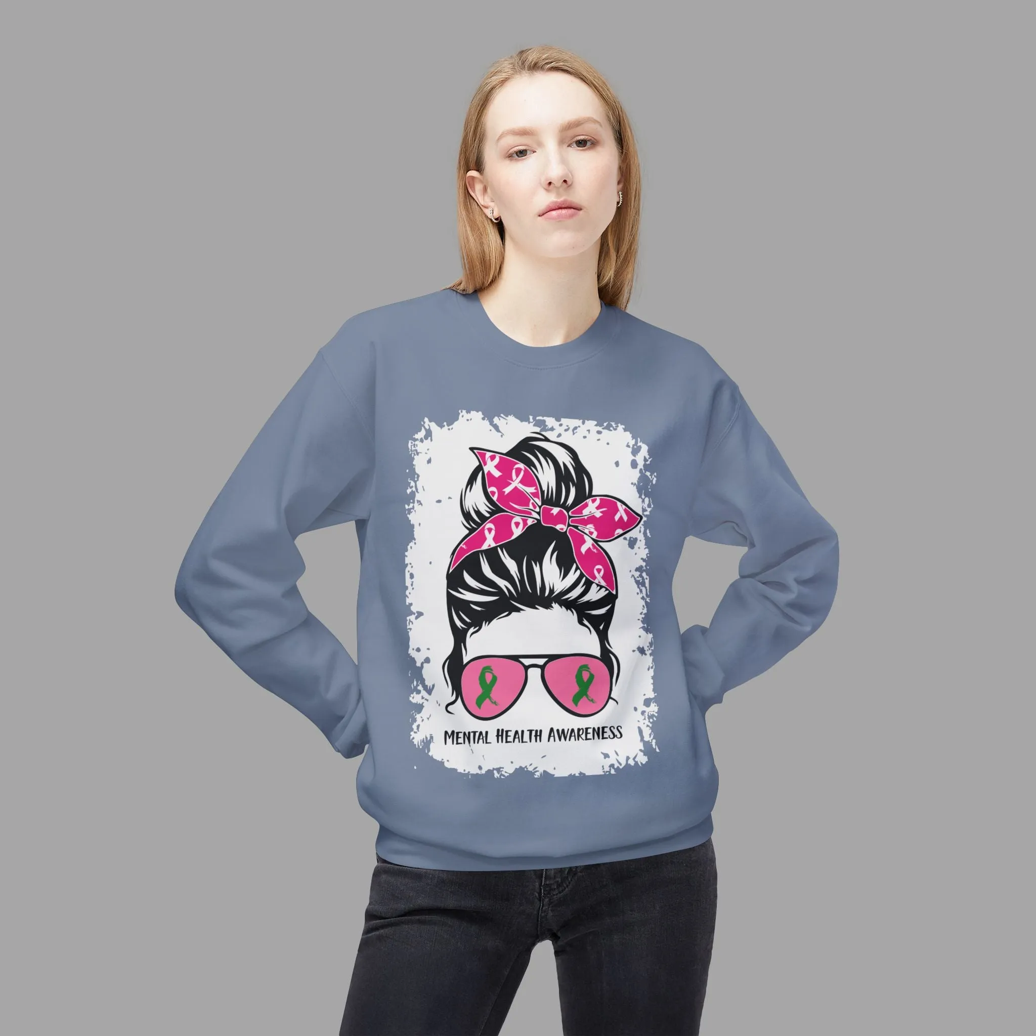 Messy Bun Mom Mental Health Awareness Sunglasses Unisex Heavy Blend Sweat Shirt