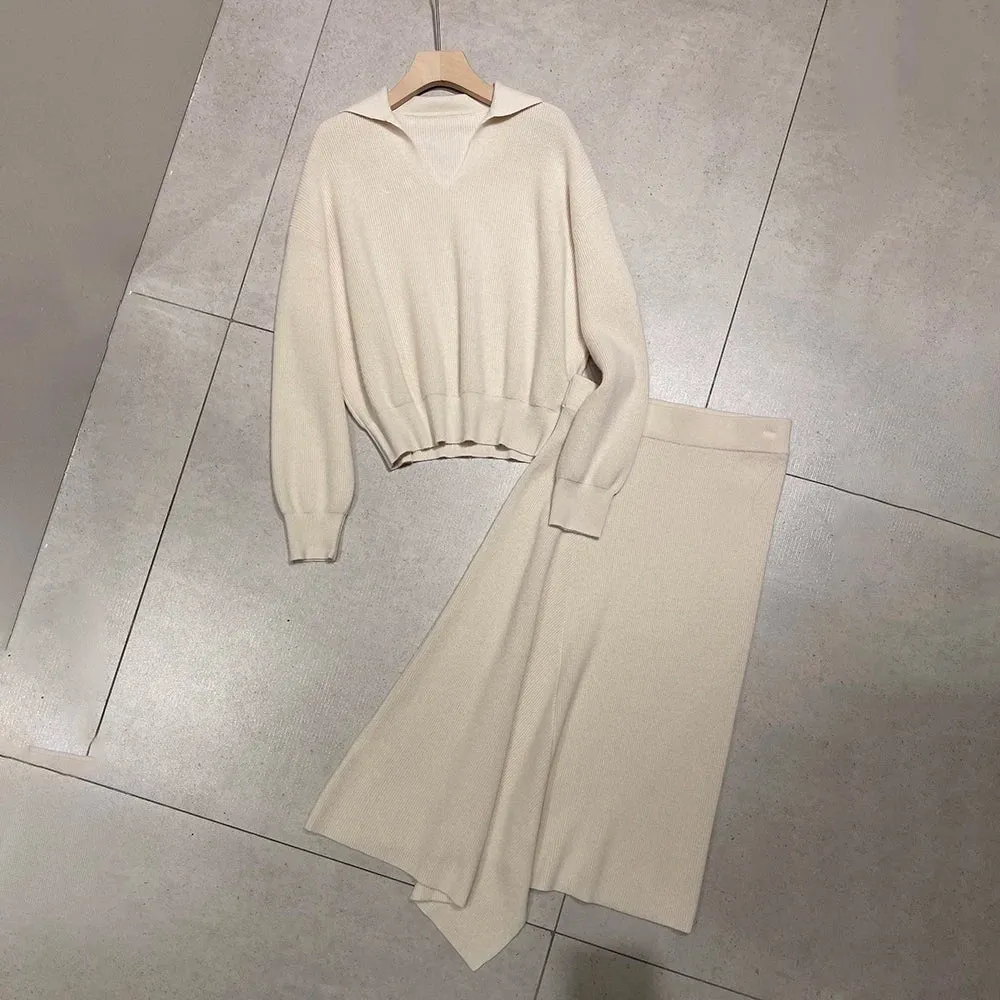 Metaversmall Casual Knitting Two Piece Sets For Women Lapel Long Sleeve Tops High Waist A Line Skirts Minimalist Slimming Set Female New