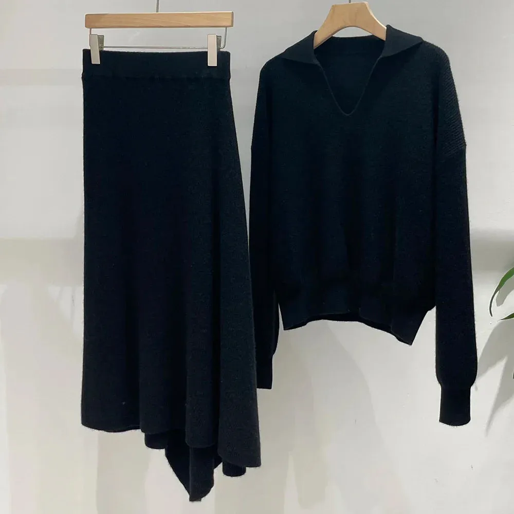 Metaversmall Casual Knitting Two Piece Sets For Women Lapel Long Sleeve Tops High Waist A Line Skirts Minimalist Slimming Set Female New