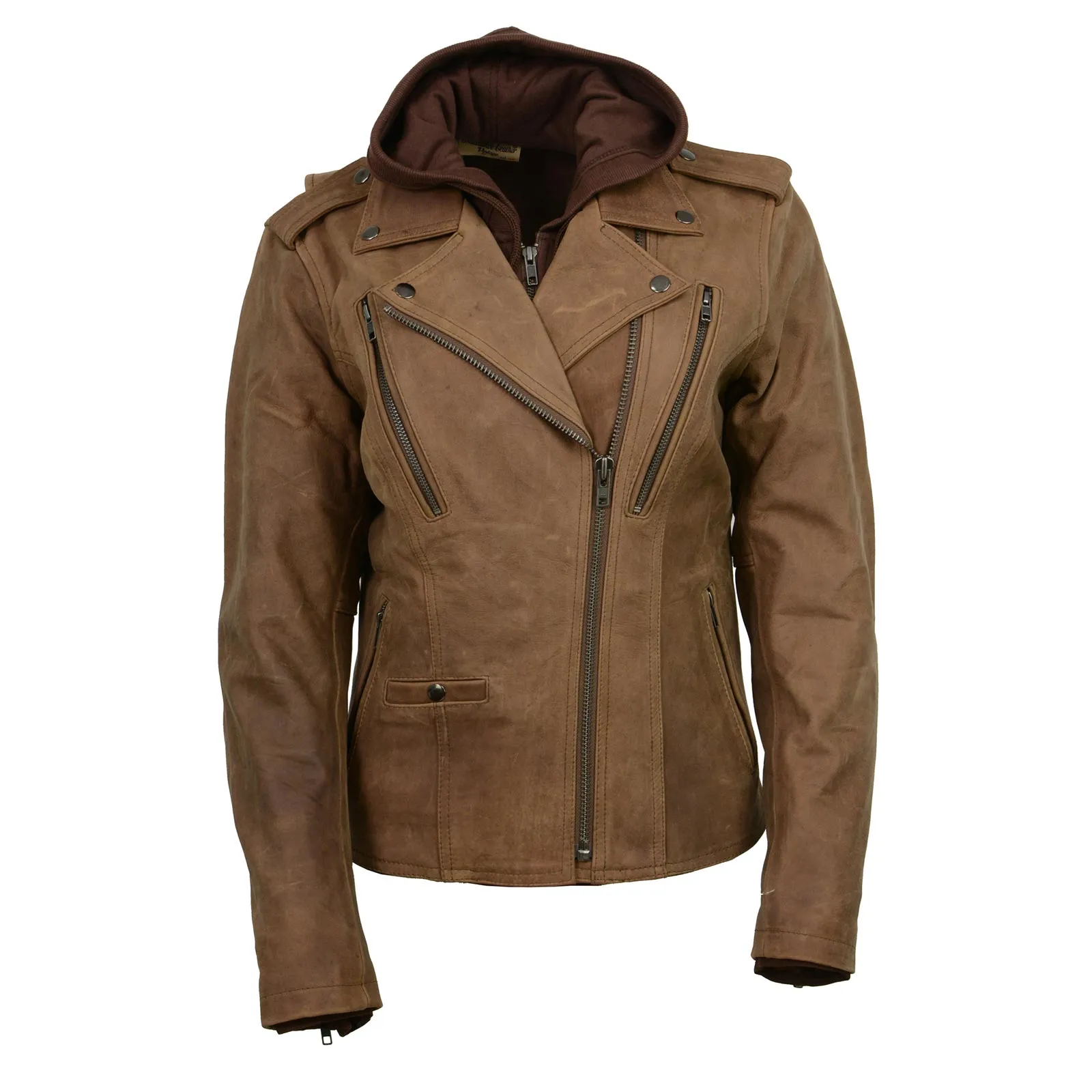 Milwaukee Leather MLL2511 Women's 'Damsel' Vintage Crazy Horse Brown Leather Jacket w/ Removable Hoodie