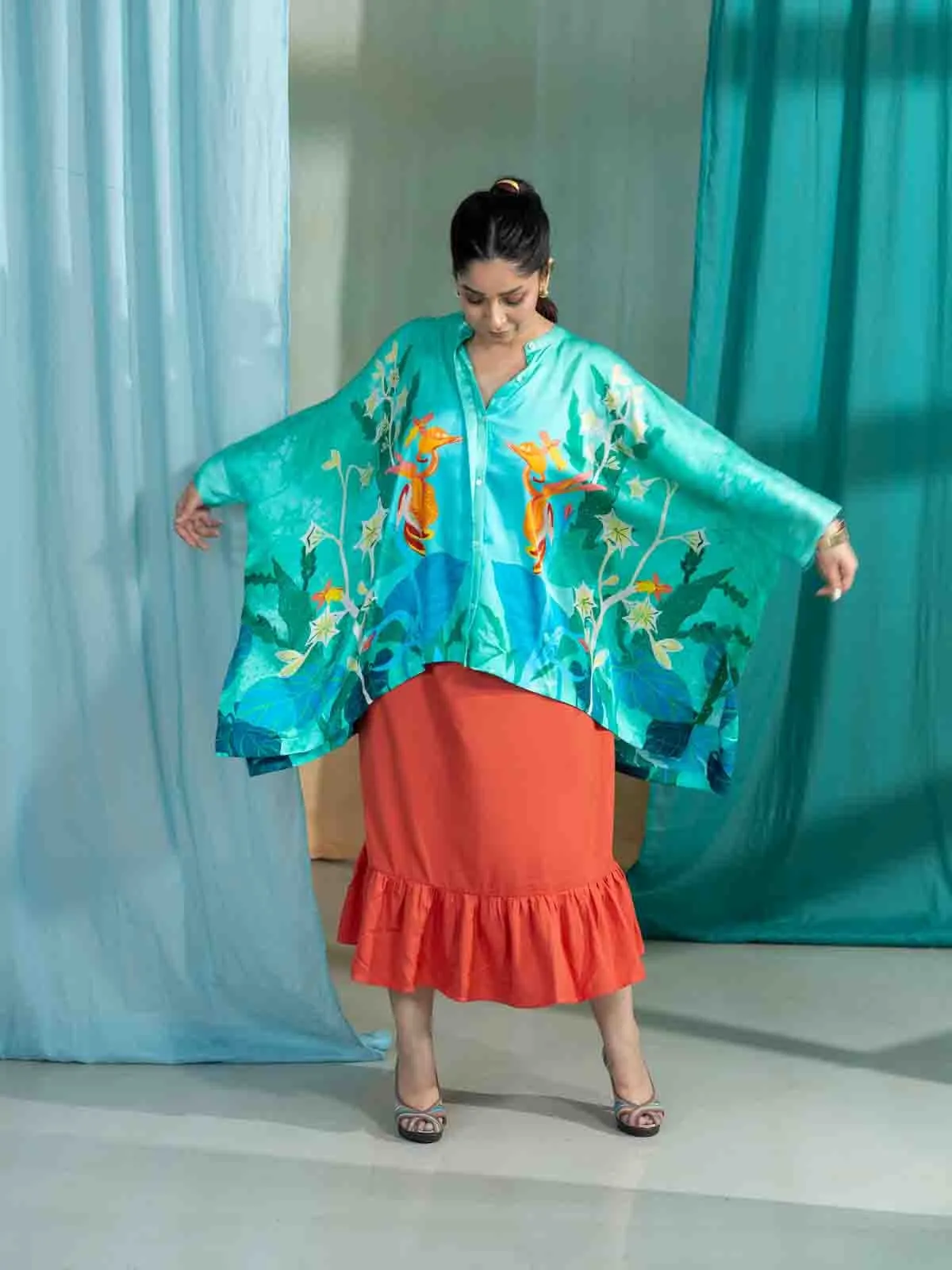 Mimicry Blooms Kaftan Top (Kava Mint)