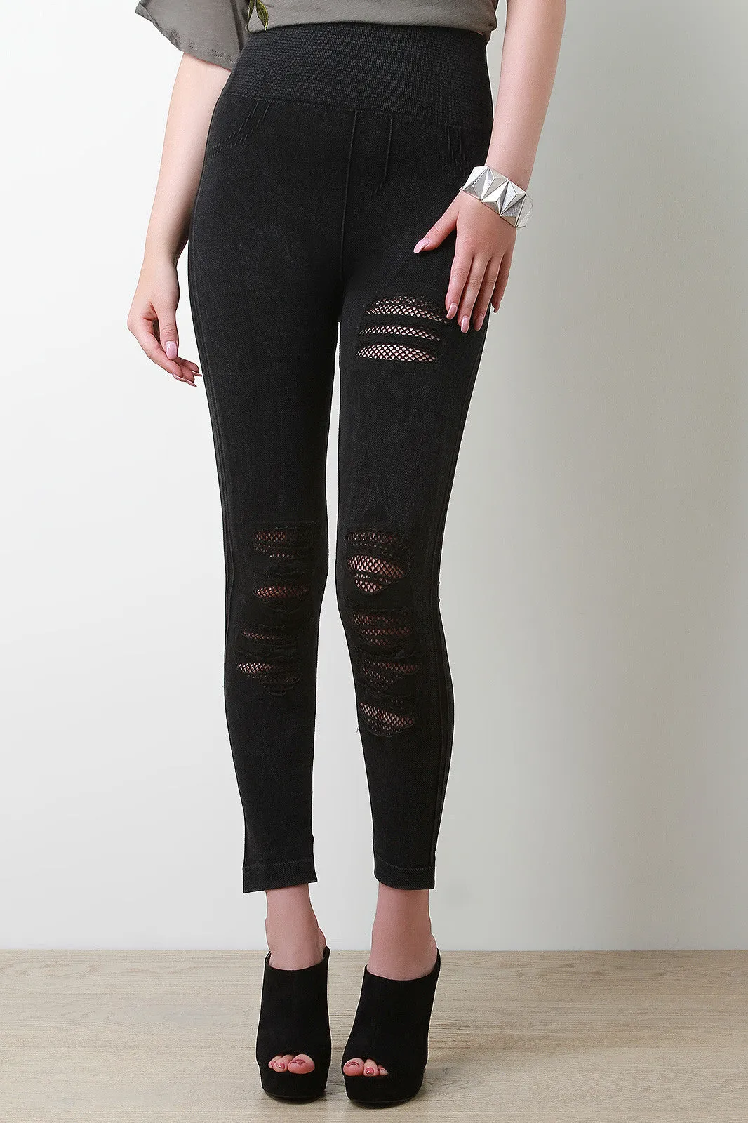 Mineral Wash Distressed Fishnet Insert Leggings