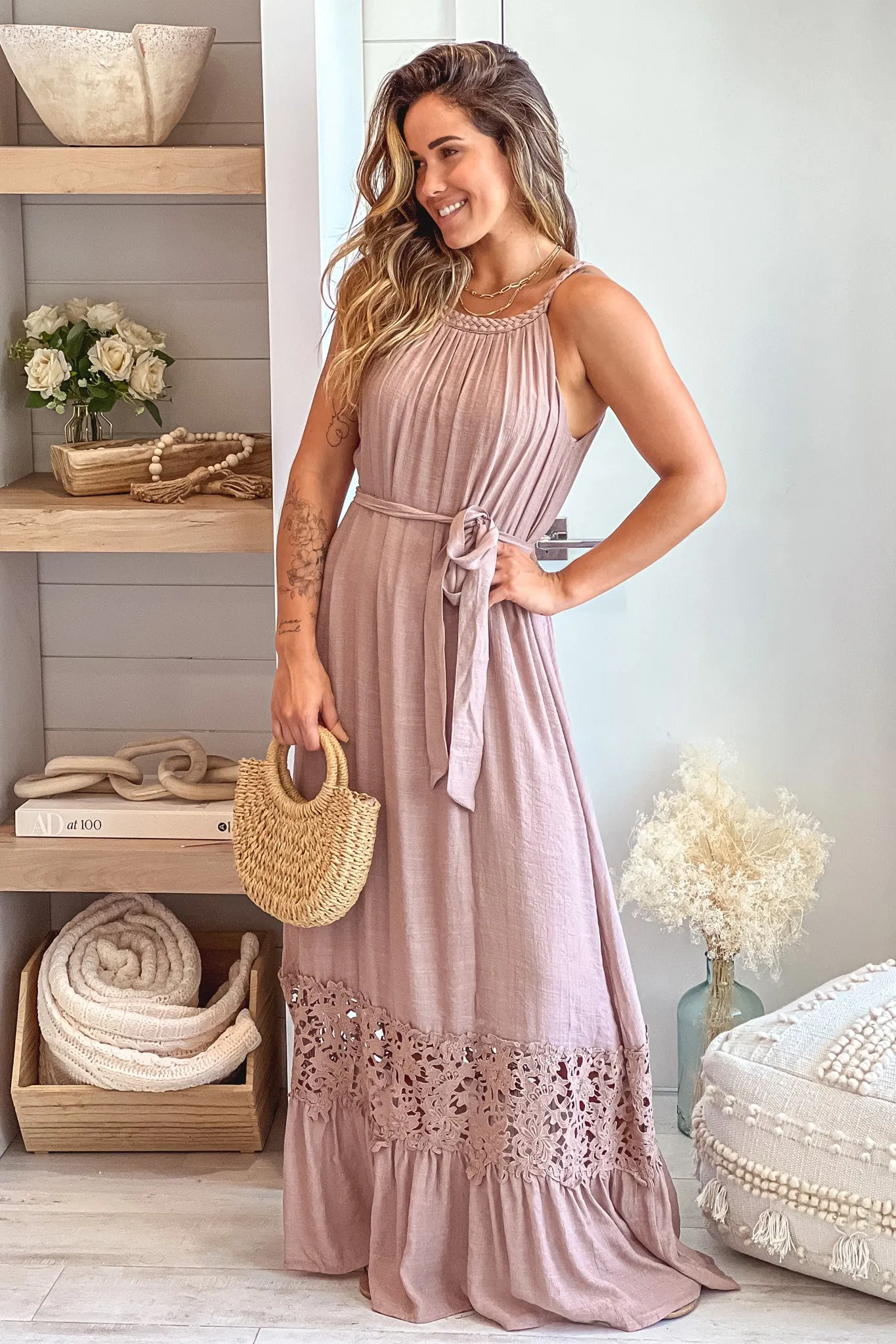 Mocha Sleeveless Maxi Dress With Crochet Trim