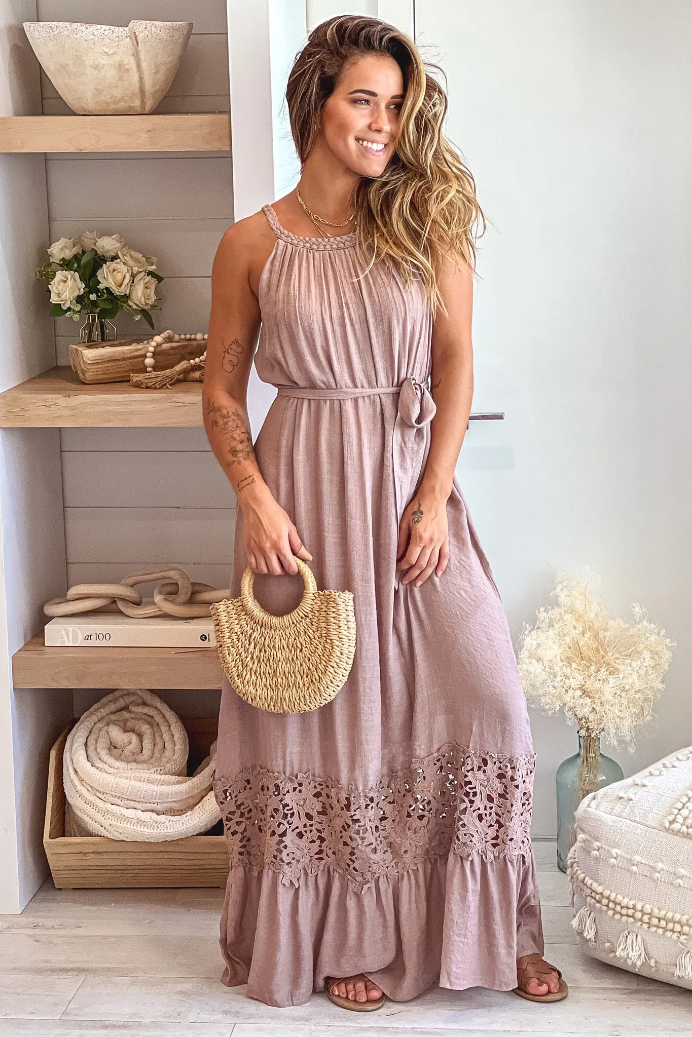 Mocha Sleeveless Maxi Dress With Crochet Trim