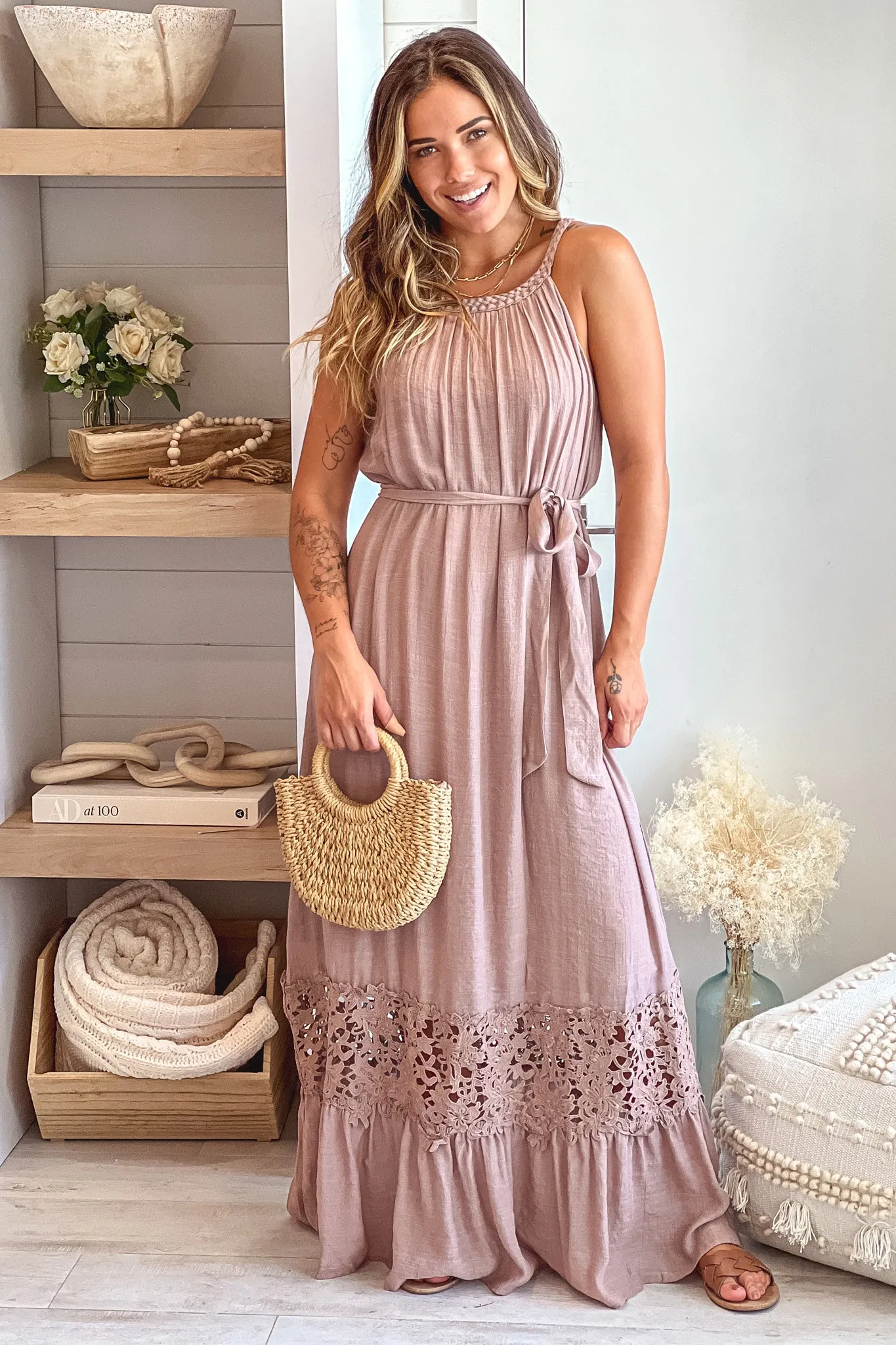 Mocha Sleeveless Maxi Dress With Crochet Trim