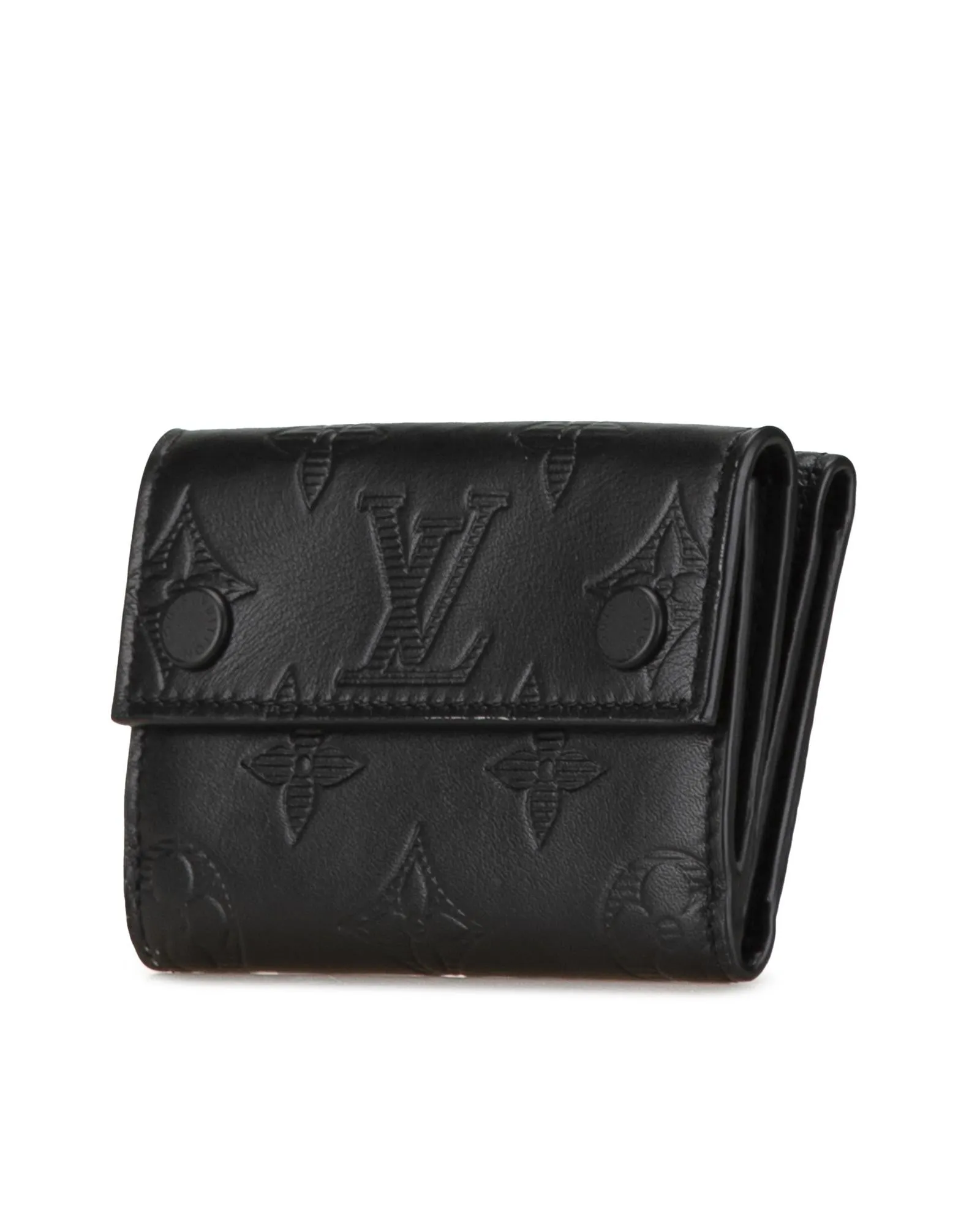 Monogram Leather Compact Wallet with Snap Closures and Interior Slip Pockets