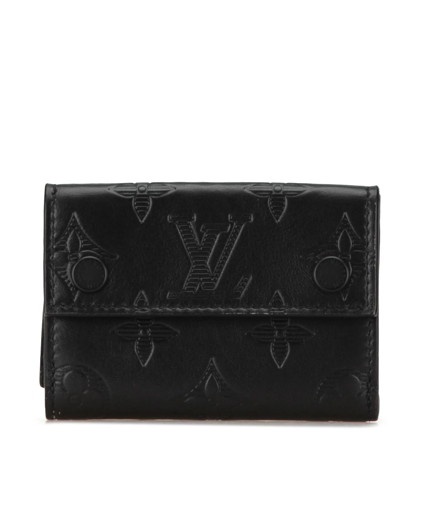 Monogram Leather Compact Wallet with Snap Closures and Interior Slip Pockets