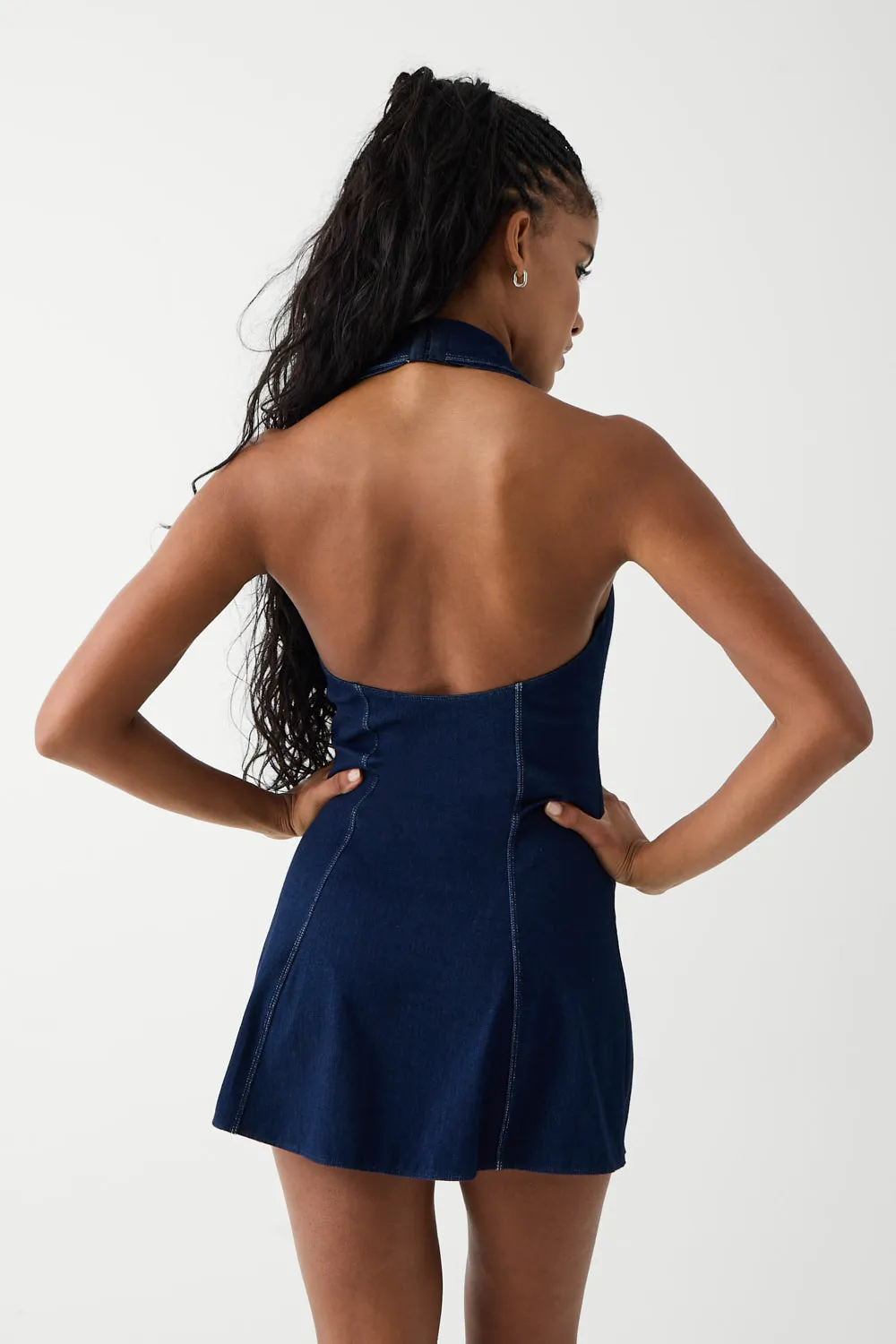 Moonlight Denim Halter Dress - Blue Denim