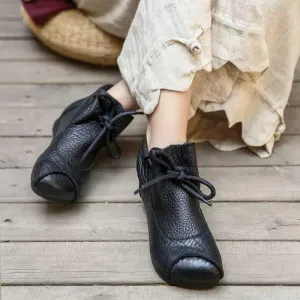 Nation Style Handmade Ankle Boots Lace Up Soft Sole Flat Walking Shoes Ankle Booties Black/Coffee