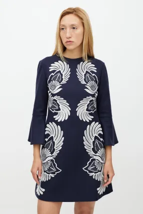 Navy & White Wool Floral Embroidered Dress