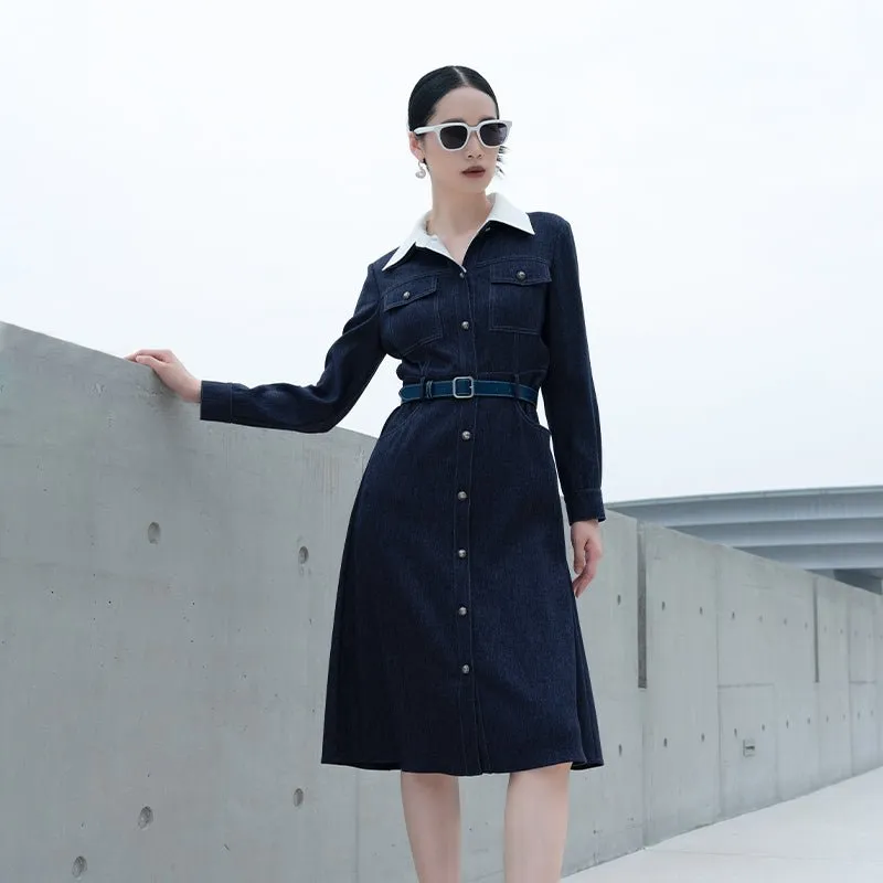 Navy Blue High Waisted Denim Midi Dresses