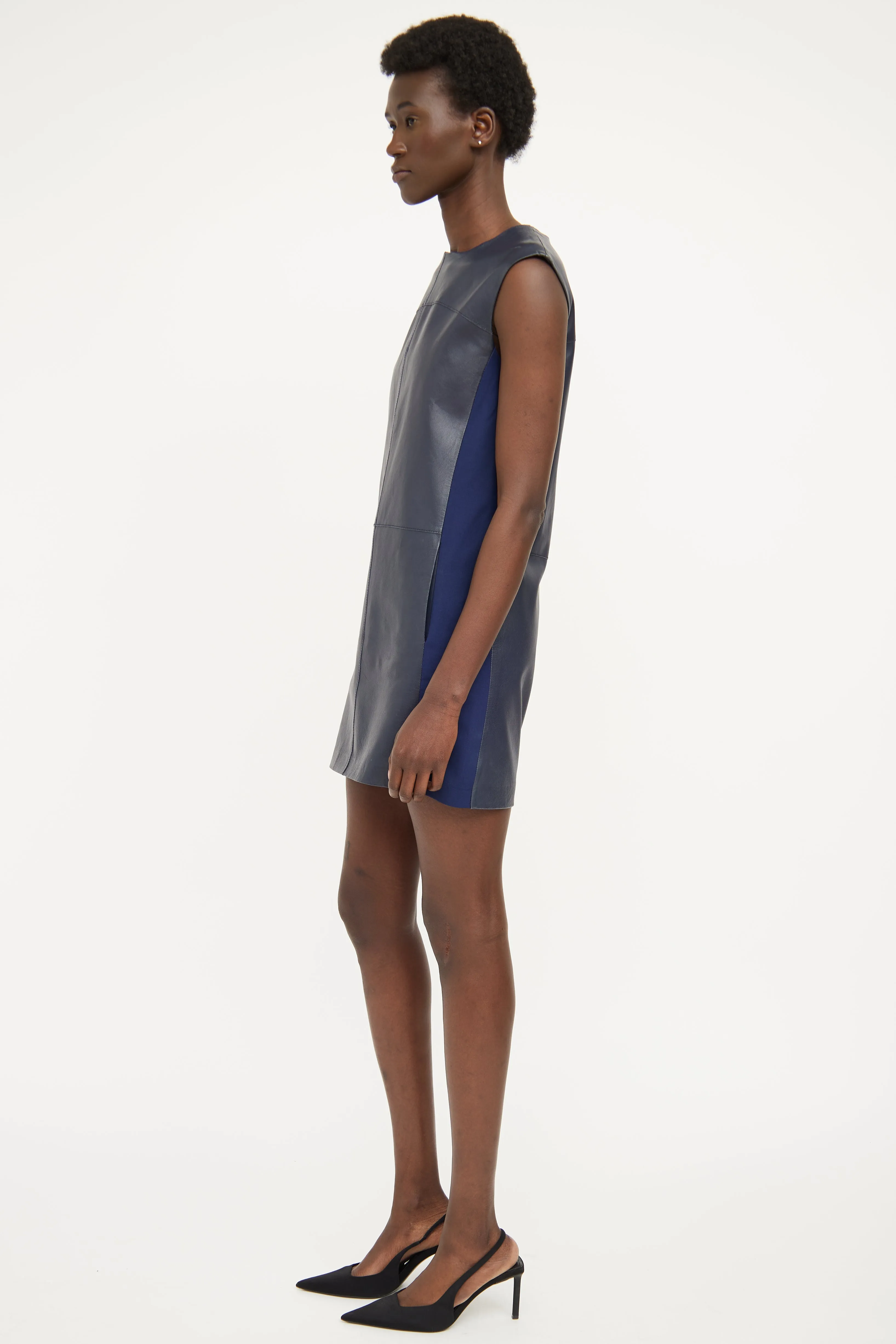 Navy Leather Paneled Dress