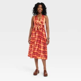 New - Black History Month Women's House of Aama Halter Neck A-Line Dress - Red Striped M