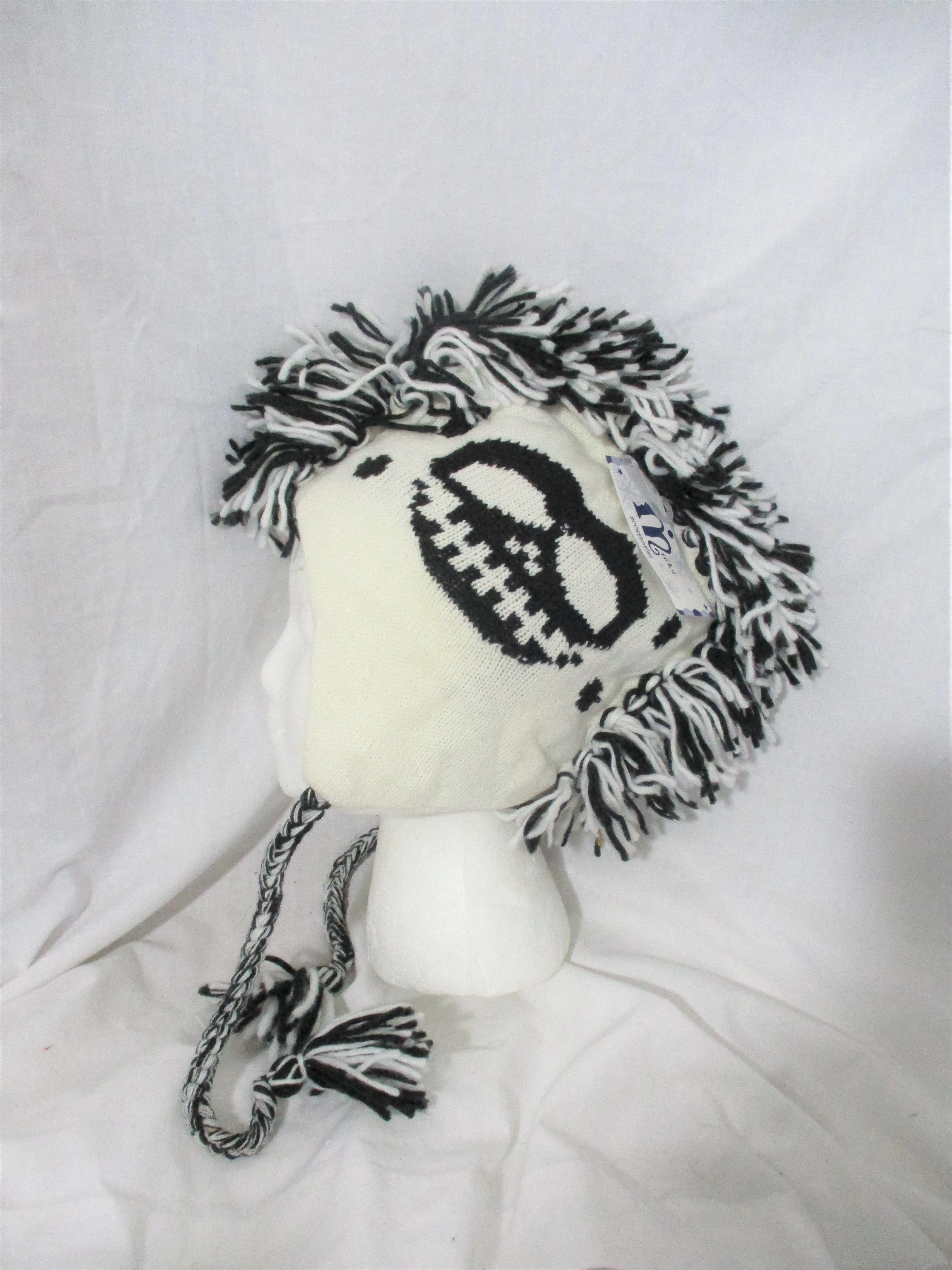 NEW SKULL Knit Ear Flap HAT Cap Beanie Ethnic MOHAWK SKULL WHITE BLACK