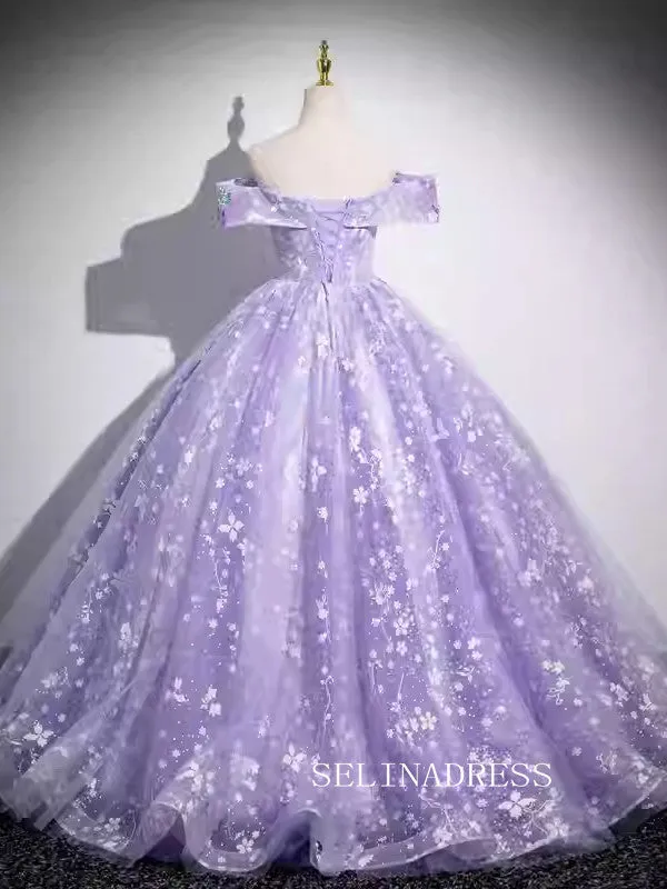 Off-the-shoulder Lavender Ball Gown Princess Dress Embroidery Applqiue Tulle Formal Dress JKL2594