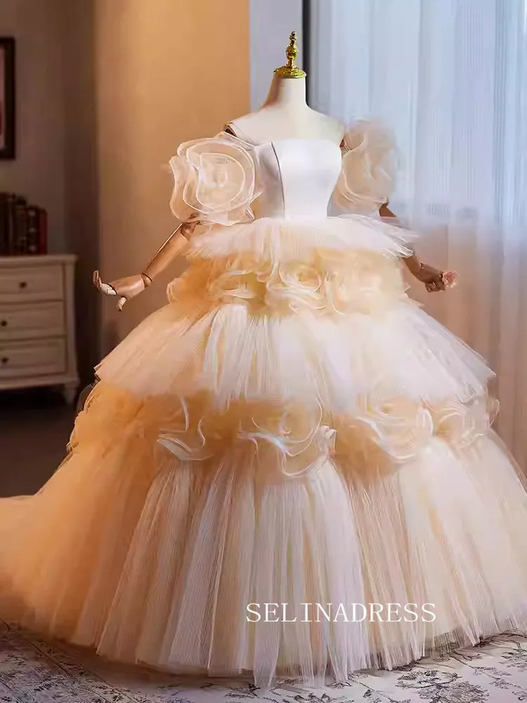 Off-the-shoulder Lovely Ball Gown Princess Dress Elegant Hand Made Flower Formal Dress JKL2591