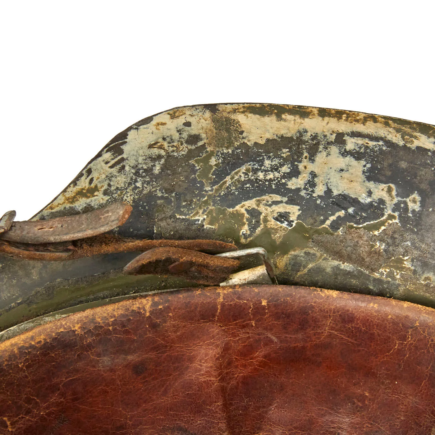 Original German WWII M42 Helmet with Textured Summer Camouflage Paint and Remnants of Winter Whitewash- Complete with Liner and Chinstrap