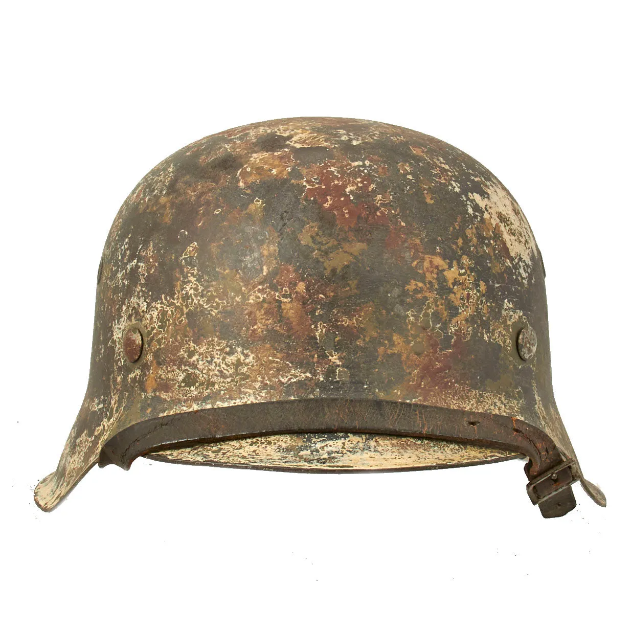 Original German WWII M42 Helmet with Textured Summer Camouflage Paint and Remnants of Winter Whitewash- Complete with Liner and Chinstrap