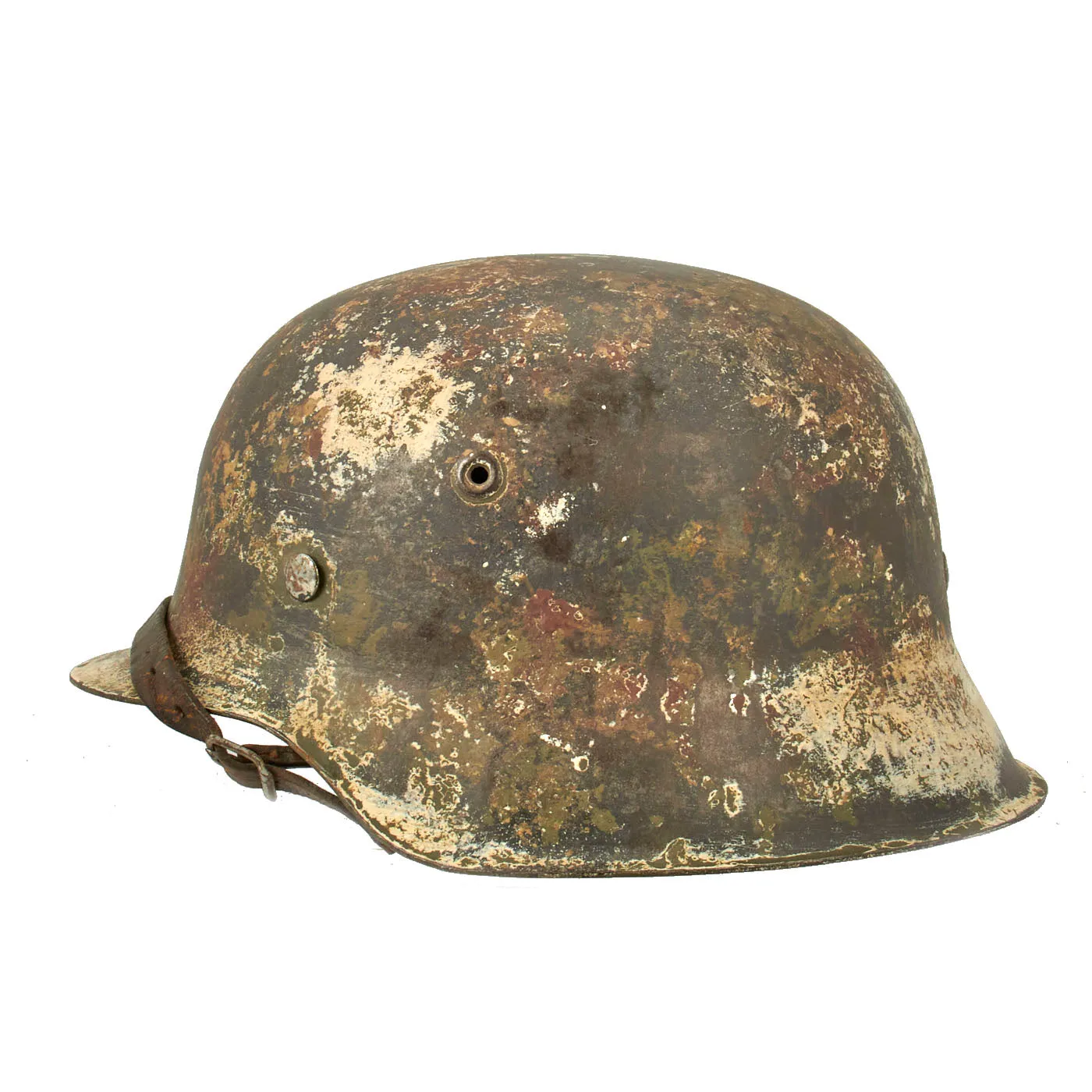 Original German WWII M42 Helmet with Textured Summer Camouflage Paint and Remnants of Winter Whitewash- Complete with Liner and Chinstrap