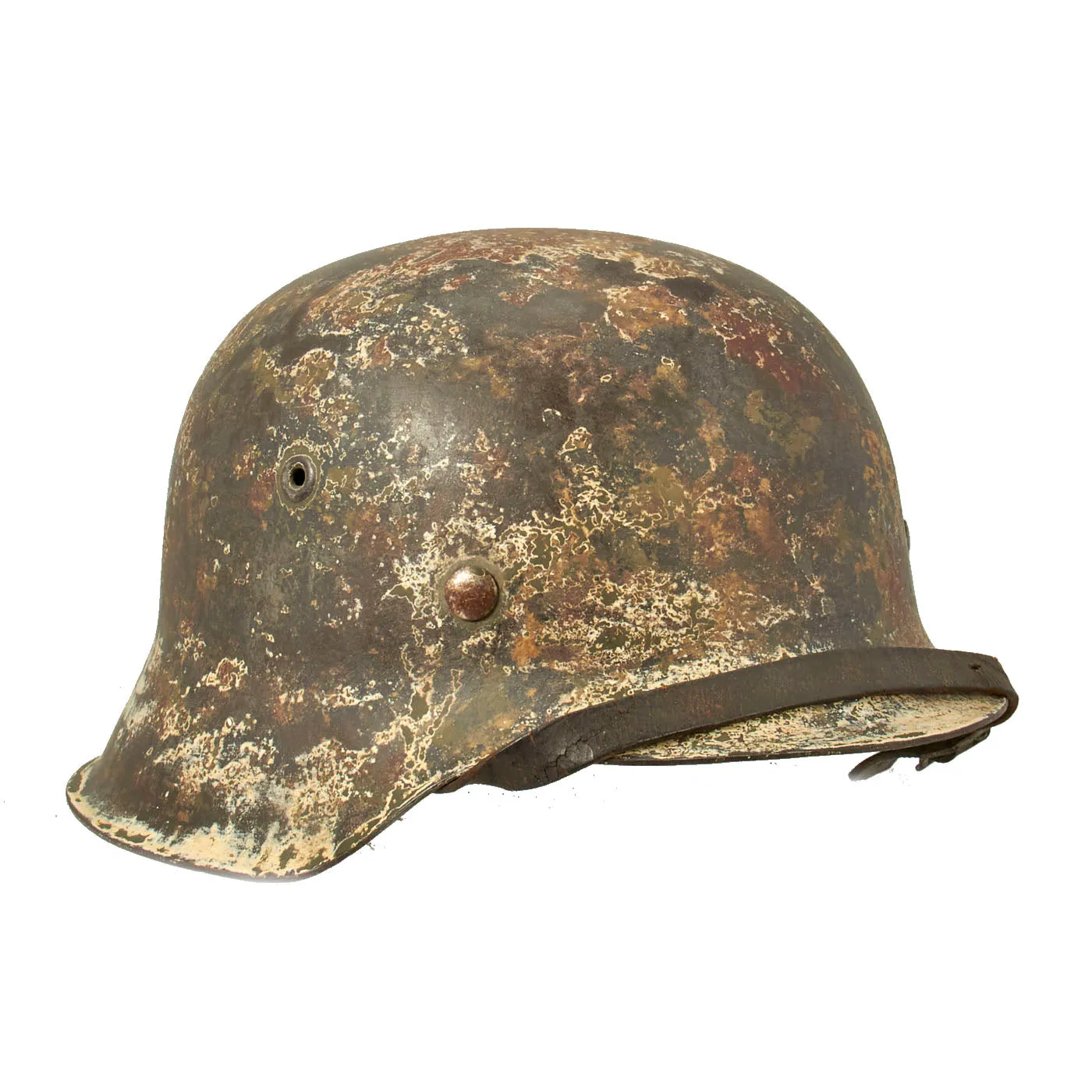 Original German WWII M42 Helmet with Textured Summer Camouflage Paint and Remnants of Winter Whitewash- Complete with Liner and Chinstrap