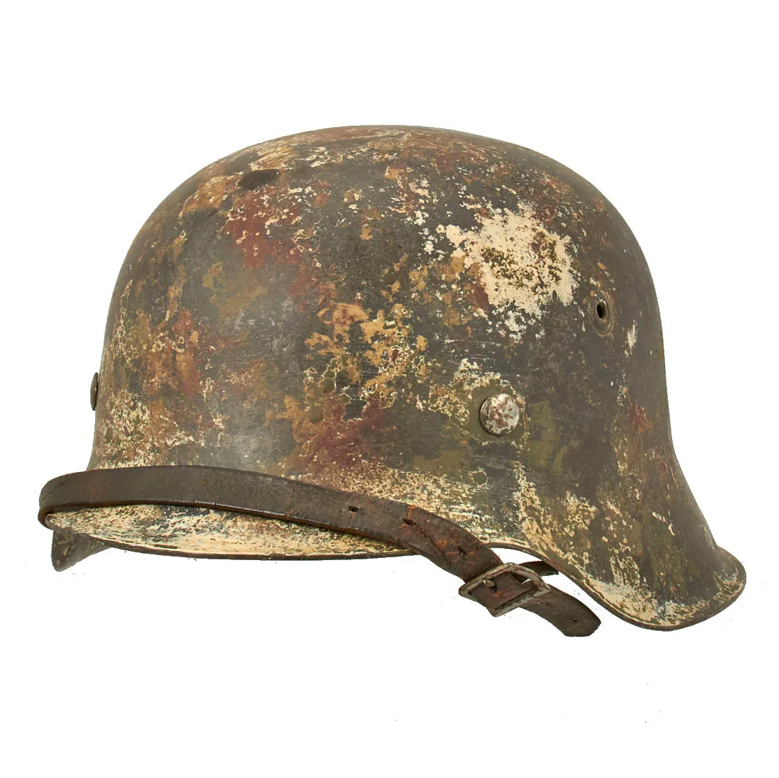 Original German WWII M42 Helmet with Textured Summer Camouflage Paint and Remnants of Winter Whitewash- Complete with Liner and Chinstrap