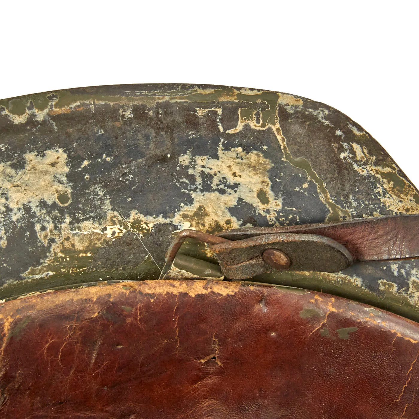 Original German WWII M42 Helmet with Textured Summer Camouflage Paint and Remnants of Winter Whitewash- Complete with Liner and Chinstrap