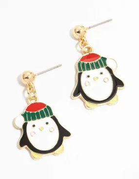 Penguin With Beanie Gold Drop Earrings