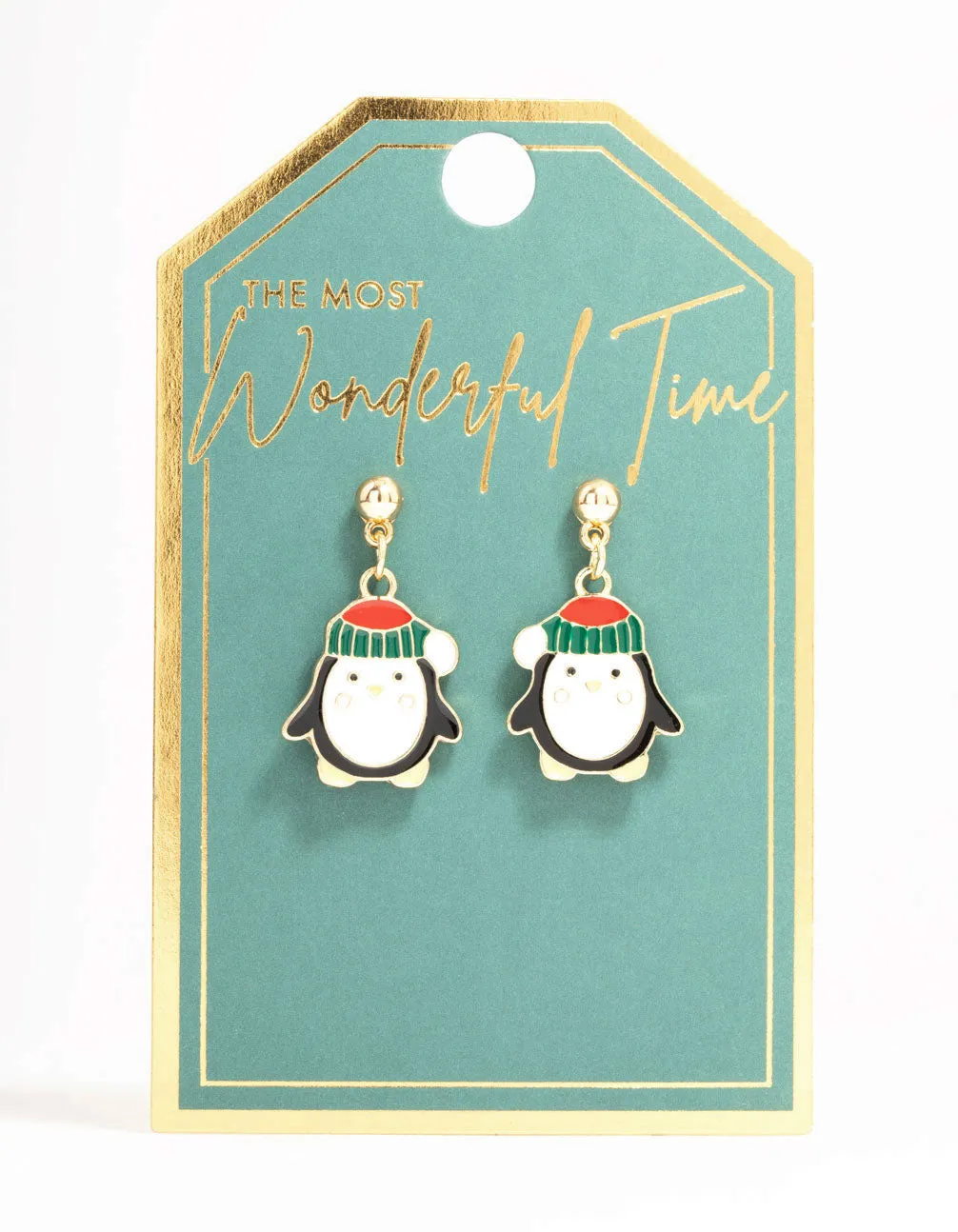 Penguin With Beanie Gold Drop Earrings