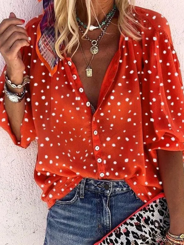 Polka Dot Snowflake Print Long Sleeve V Neck Button Ladies Shirt