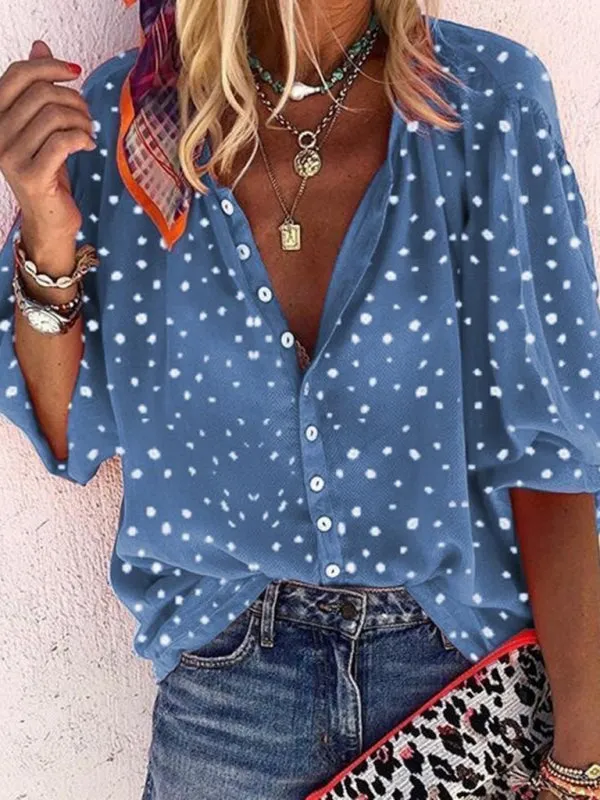 Polka Dot Snowflake Print Long Sleeve V Neck Button Ladies Shirt