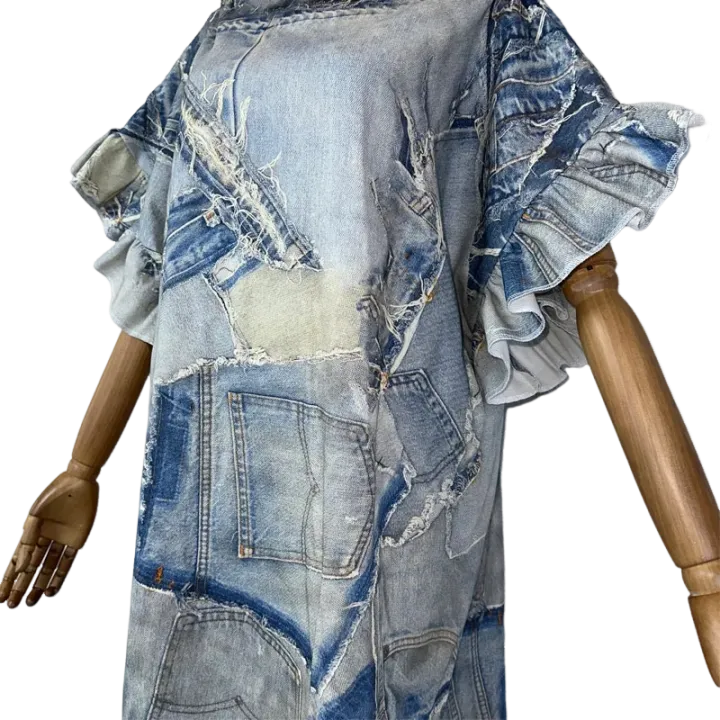 Pre Order:  Denim Patchwork Print Kaftan Dress - WINI