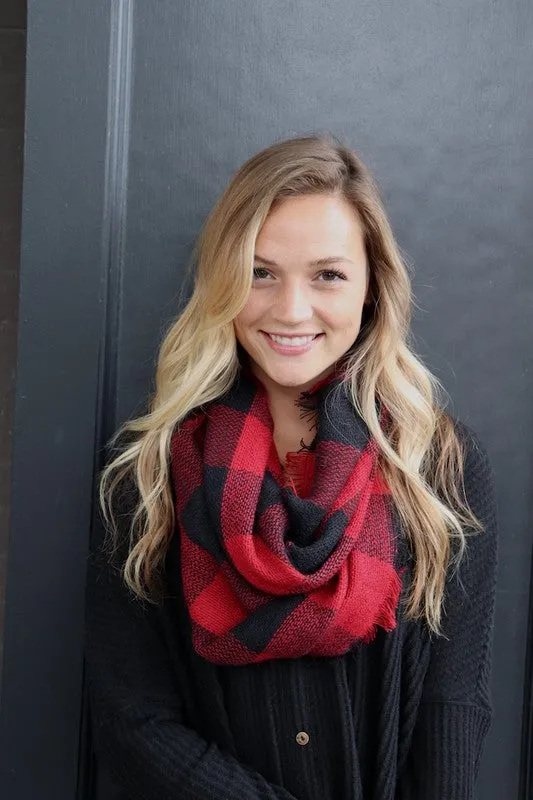 Red Checkered Buffalo Plaid Frayed Hem Knit Infinity Scarf