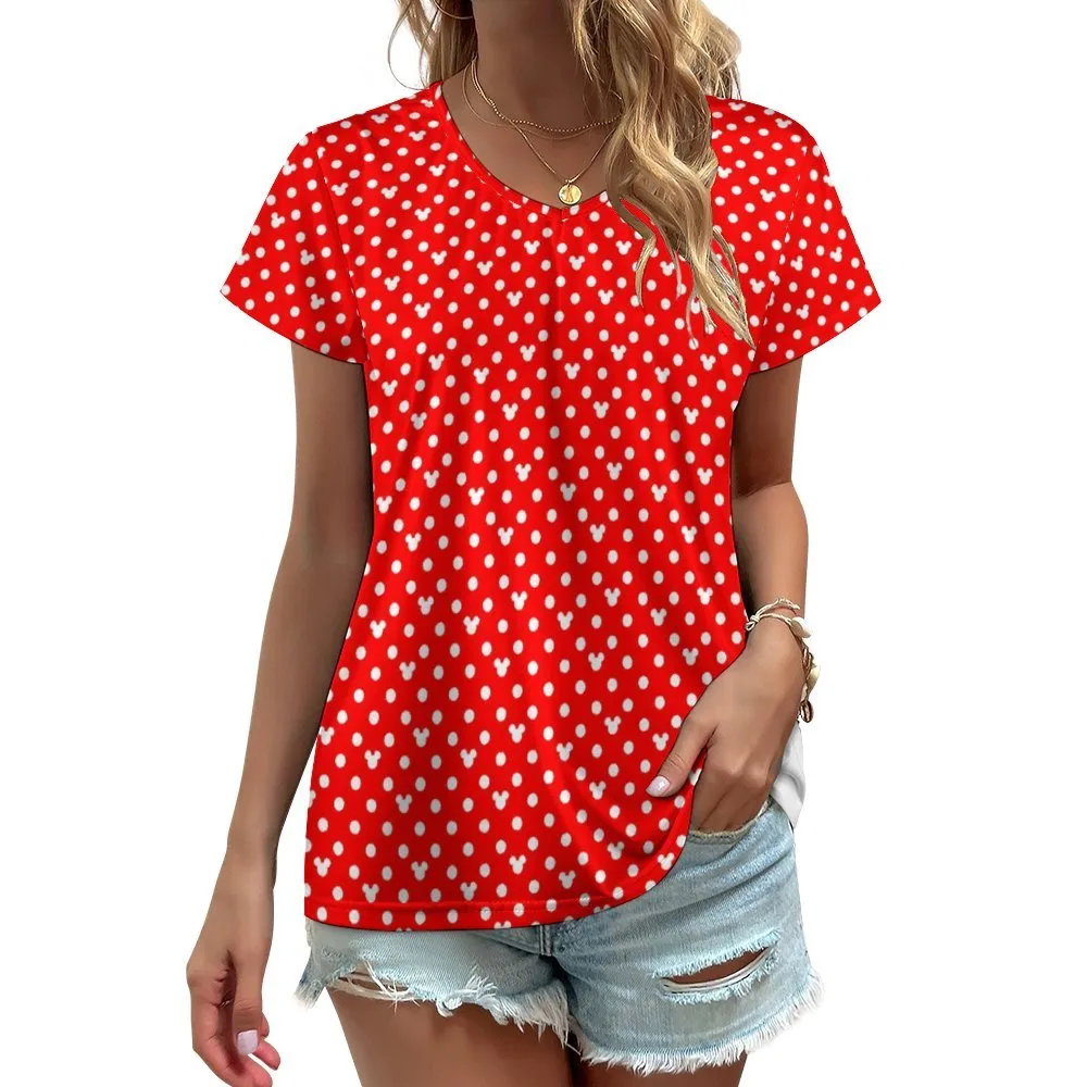 Red With White Mickey Polka Dots Women's V-Neck Short Sleeve T-Shirt