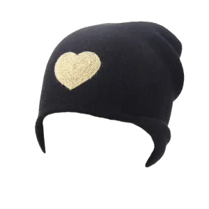 Reversible Slouchy Black Cashmere Hat with Gold Heart