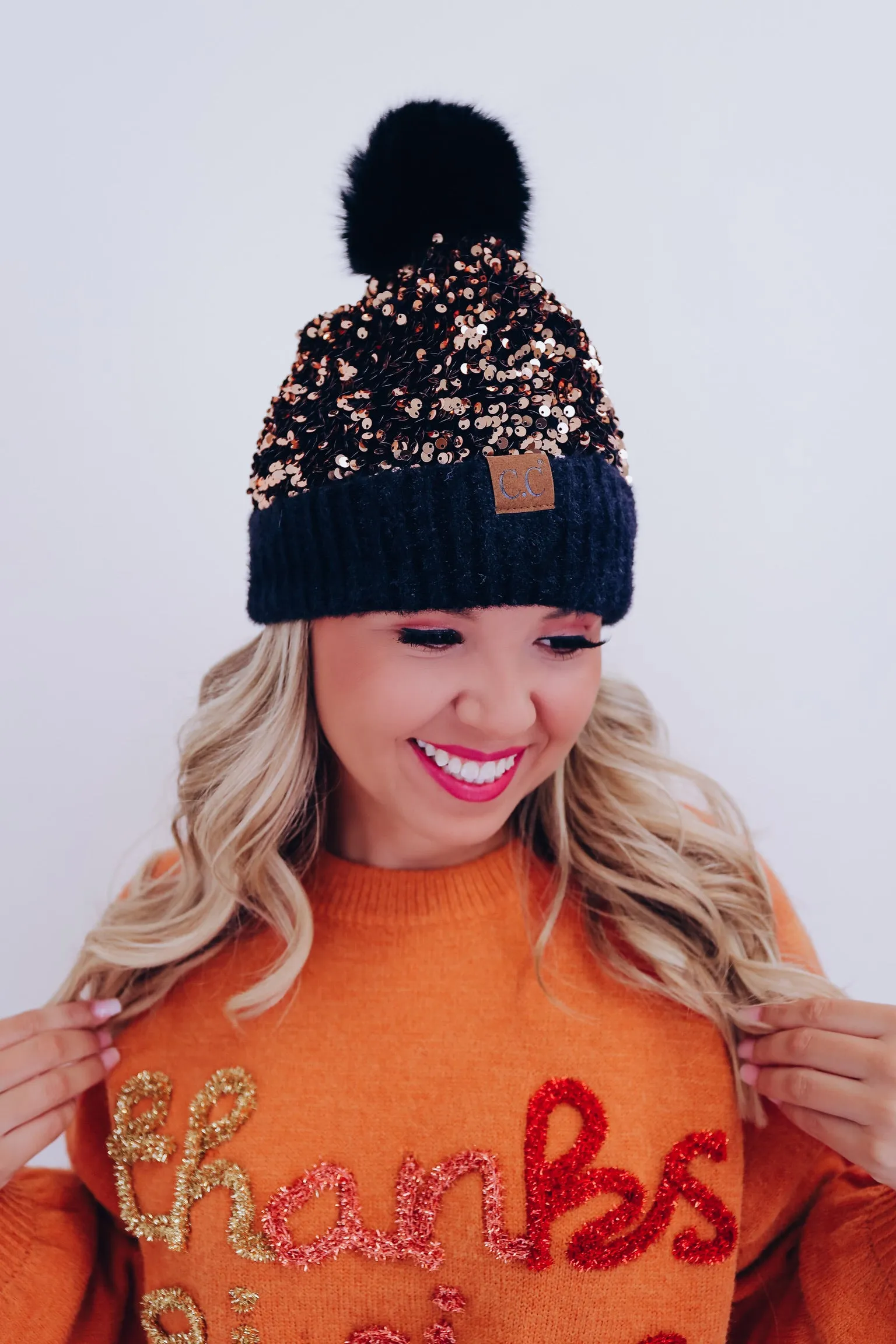 Savvy Sequin Pom Beanie - Gold Sequin