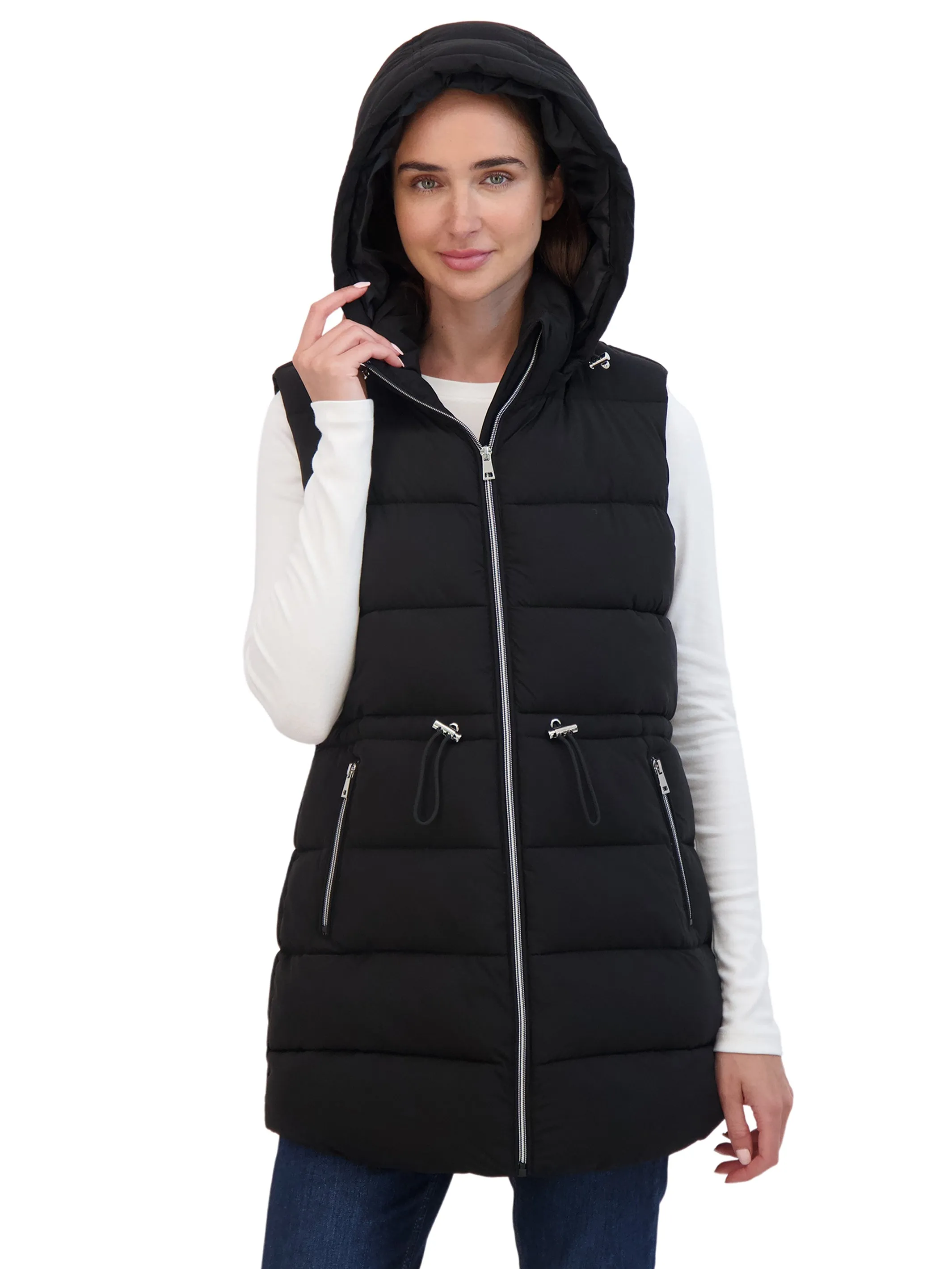 Sebby Collection Women's 3/4 Hooded Stretch Puffer Vest With Drawstring Waist