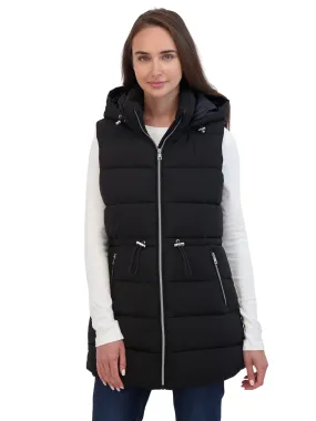 Sebby Collection Women's 3/4 Hooded Stretch Puffer Vest With Drawstring Waist