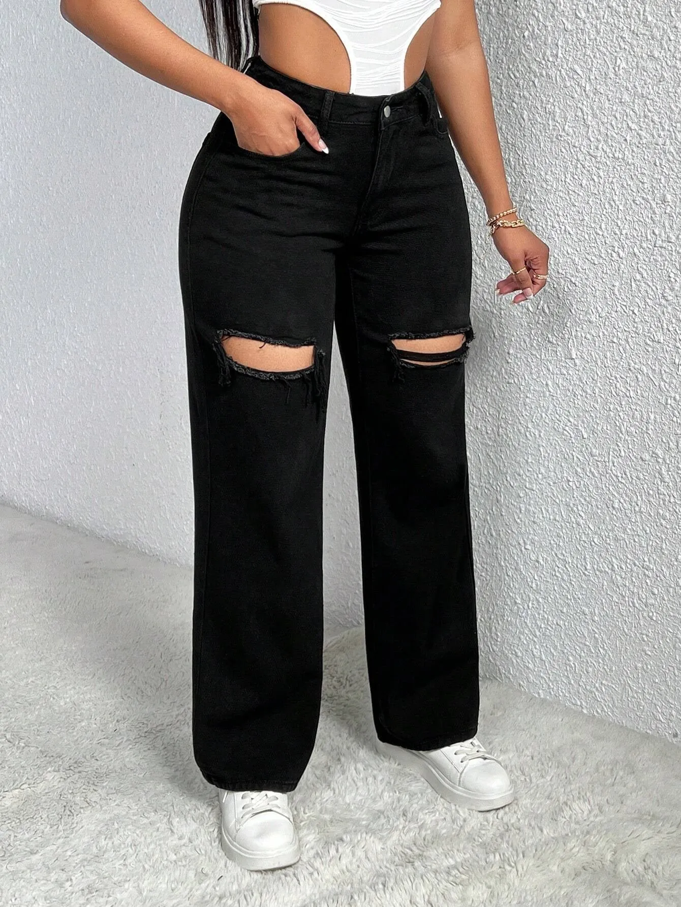 SHEIN SXY Single Button Cut Out Ripped Frayed Wide Leg Jeans