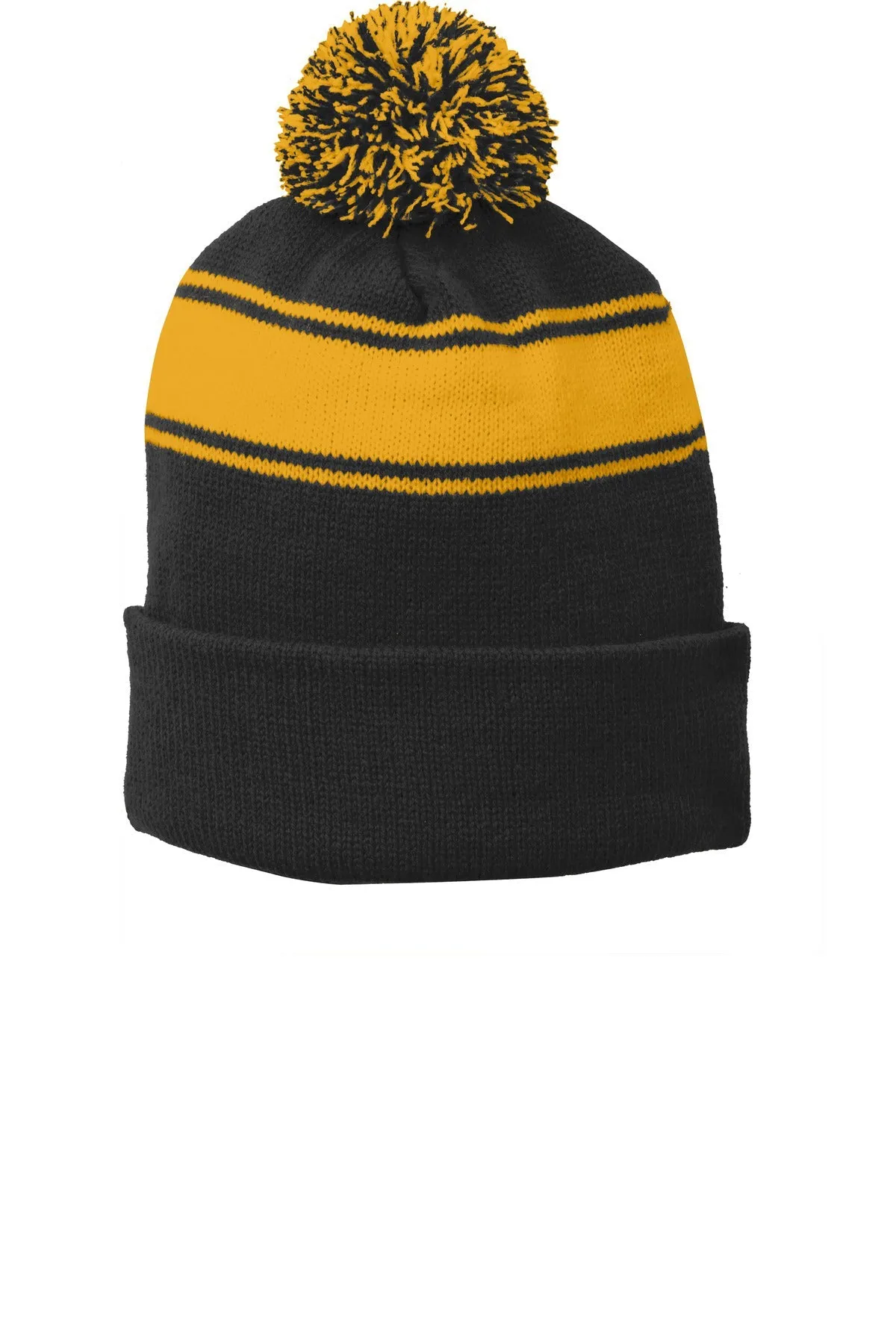 Sport-Tek Stripe Branded Pom Pom Beanies, Black/ Gold