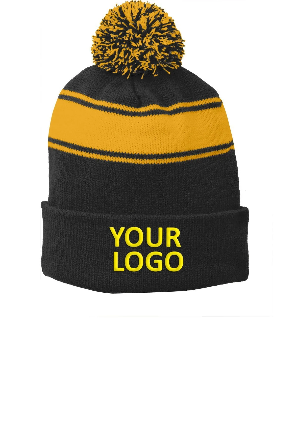 Sport-Tek Stripe Branded Pom Pom Beanies, Black/ Gold