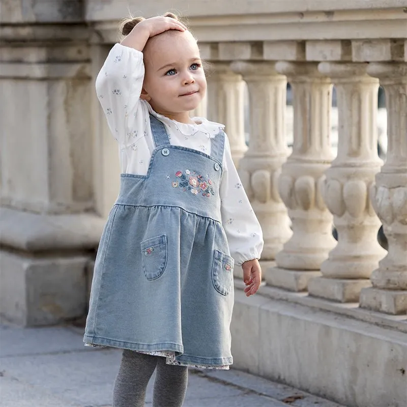 Spring Flower Embroidery Girl Blue Suspender Denim Dress