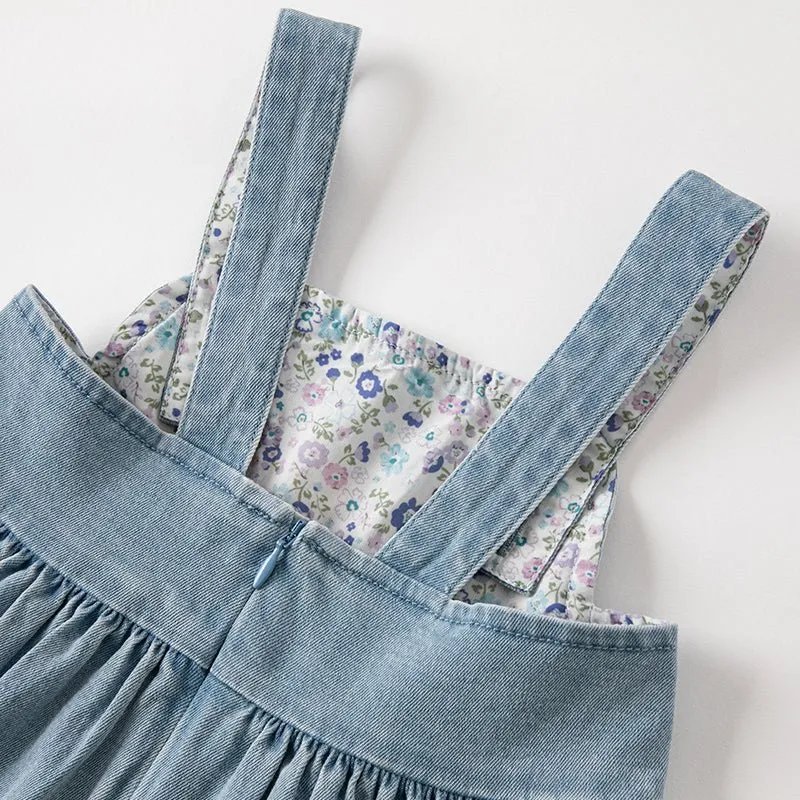 Spring Flower Embroidery Girl Blue Suspender Denim Dress