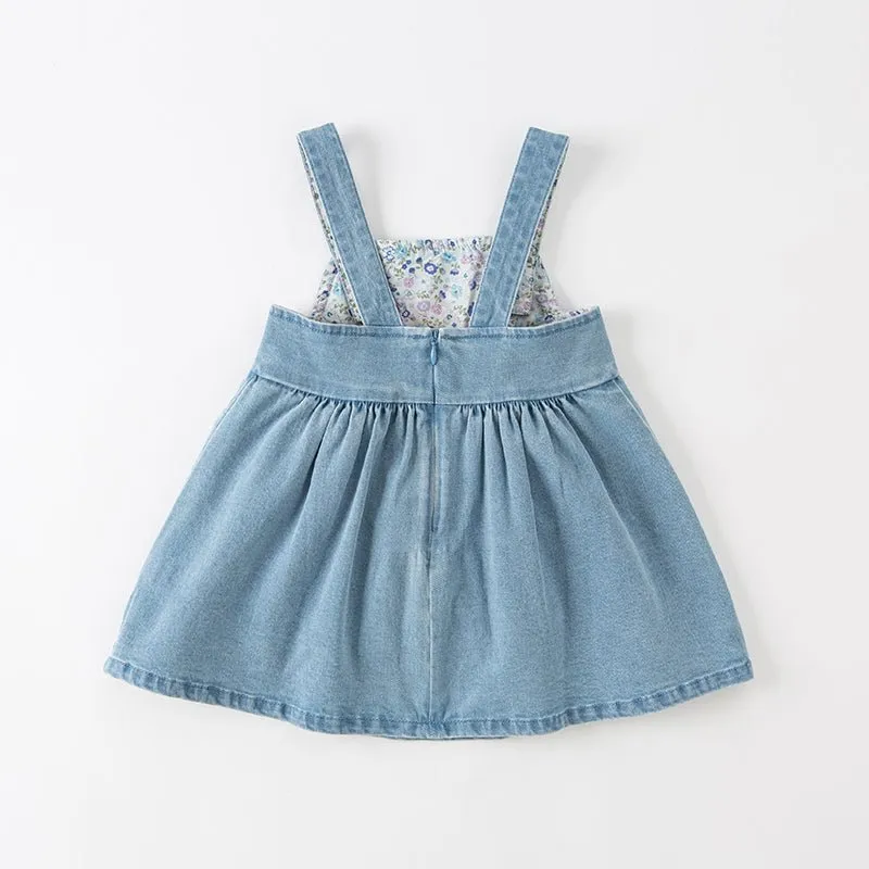 Spring Flower Embroidery Girl Blue Suspender Denim Dress