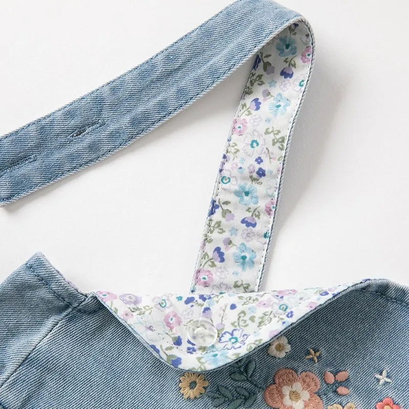 Spring Flower Embroidery Girl Blue Suspender Denim Dress