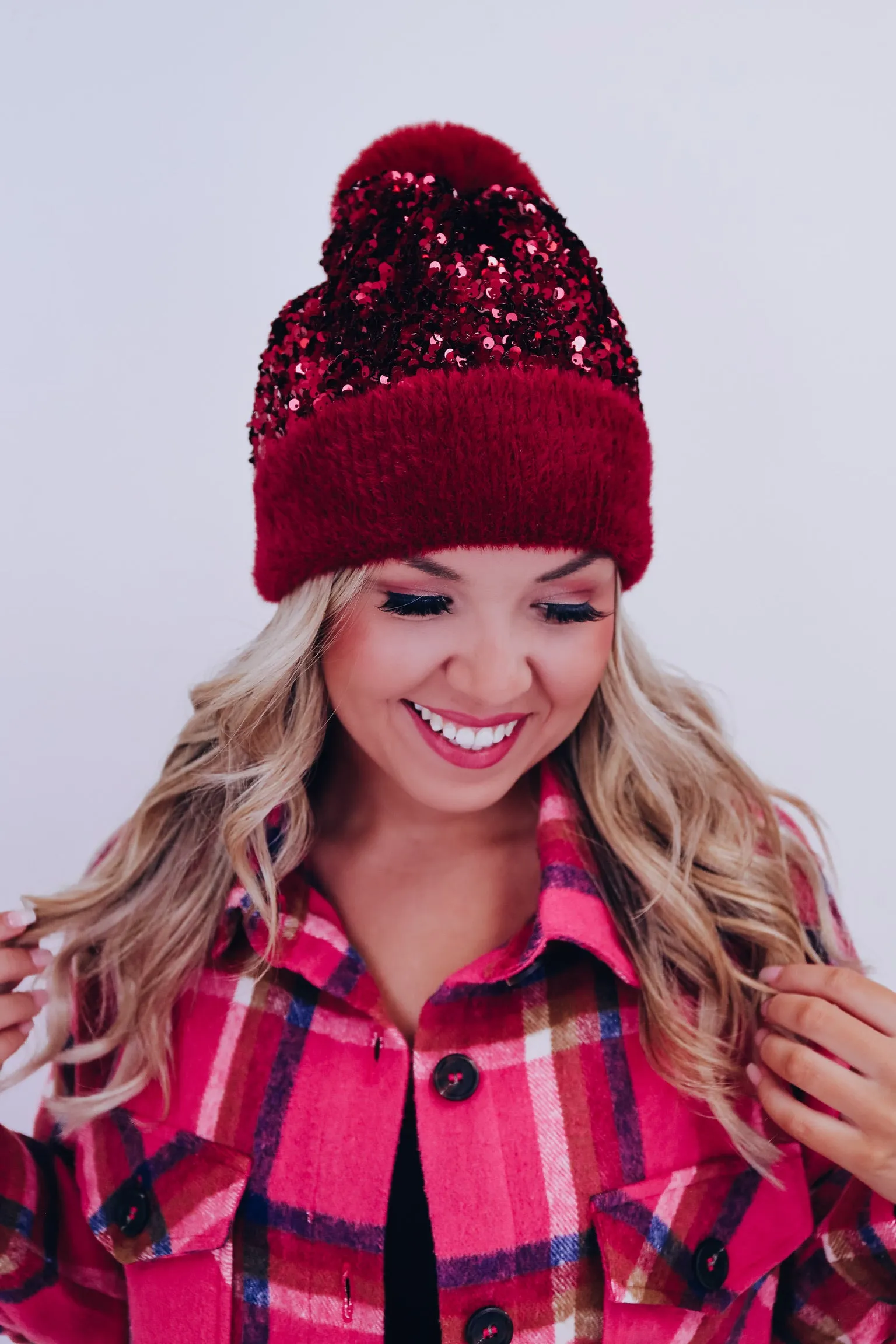 Suzie Sequin Pom Beanie - Burgundy