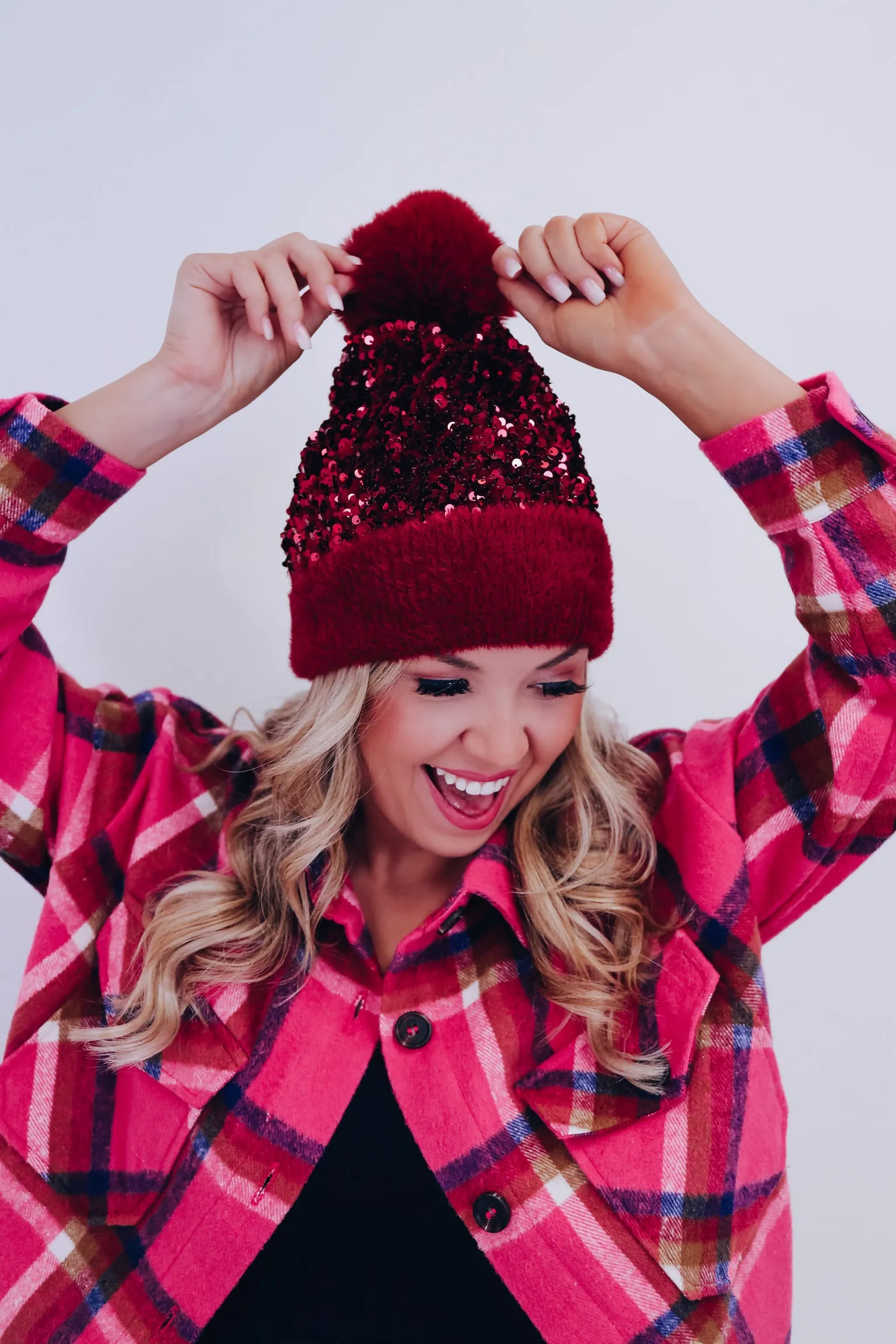 Suzie Sequin Pom Beanie - Burgundy