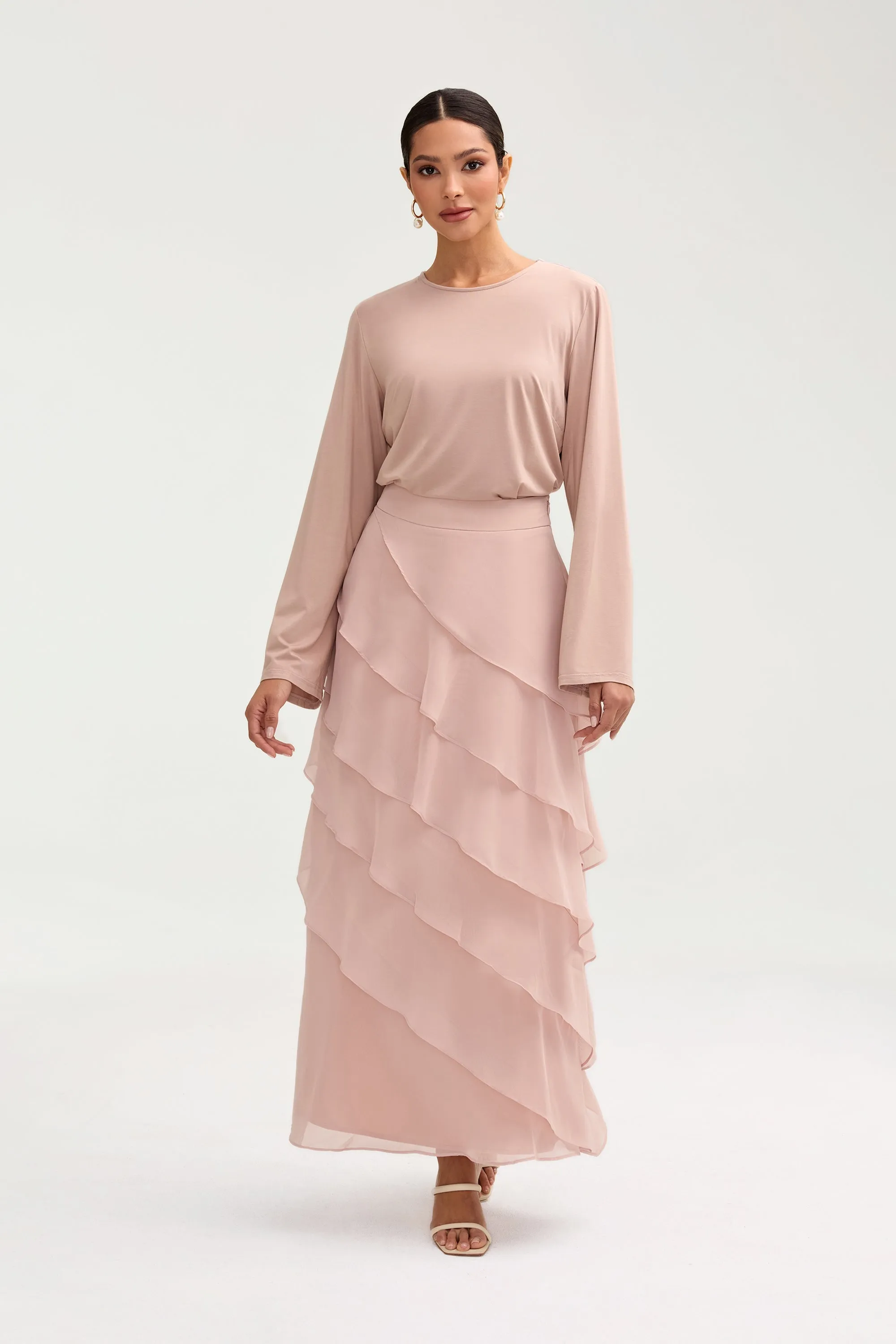 Tasnima Tiered Chiffon Maxi Skirt - Jasmine Pink