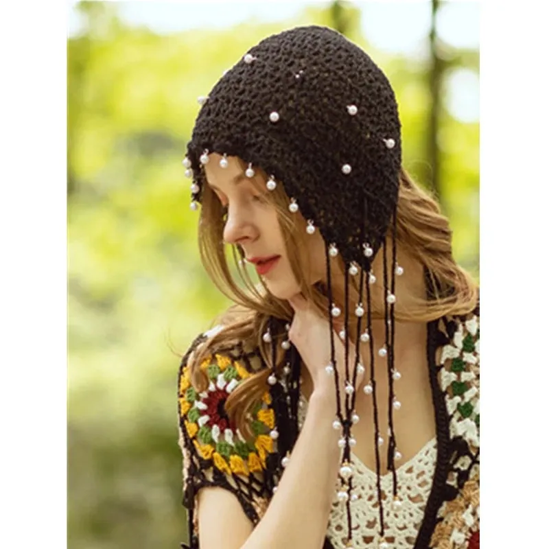 TAVIMART  -  Women knitted hat spring  summer handmade hollow beanie cap ethnic style retro hat tassel princess cap