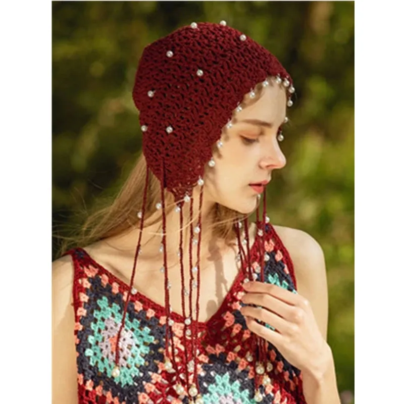 TAVIMART  -  Women knitted hat spring  summer handmade hollow beanie cap ethnic style retro hat tassel princess cap