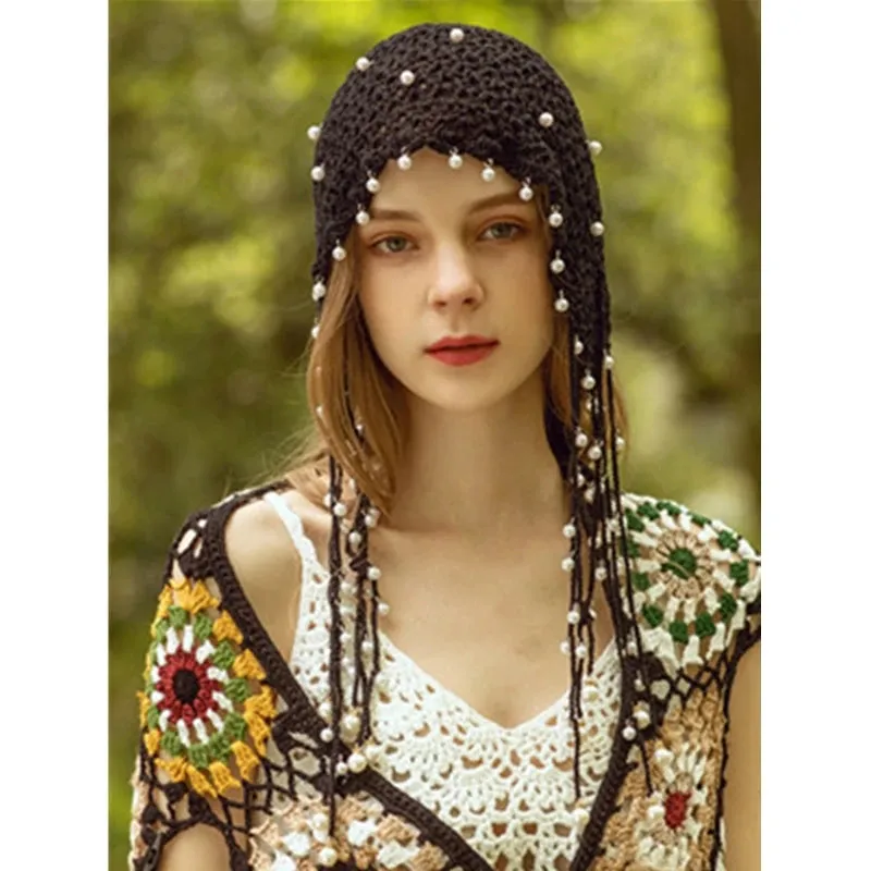 TAVIMART  -  Women knitted hat spring  summer handmade hollow beanie cap ethnic style retro hat tassel princess cap